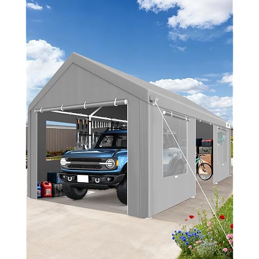 COBIZI Carport 12'x20' Heavy Duty Portable Garage, 2.0 Powder Coated Frame(Better Than Galvanized), Waterproof Shelter with Removable Sidewalls & Windows, Built-in Sandbags, for Car/Boat/SUV, Gray