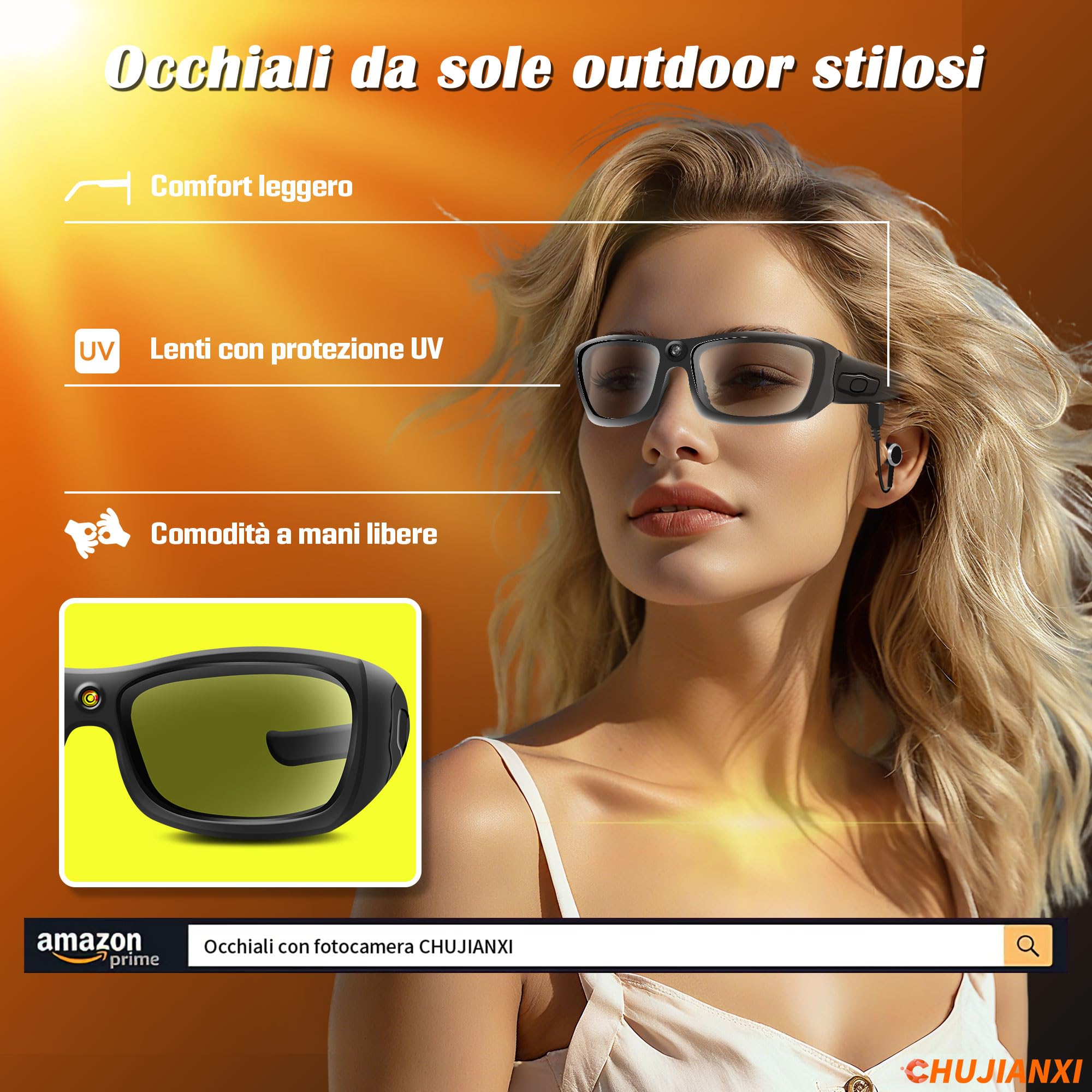 Occhiali con Telecamera con Bluetooth, Intelligenti Occhiali Smart HD 1080P | Portatile Occhiali da Sole Sport Telecamera Nascosta, Mini Videocamera per Riprodurre Musica, Scattare Foto e Video