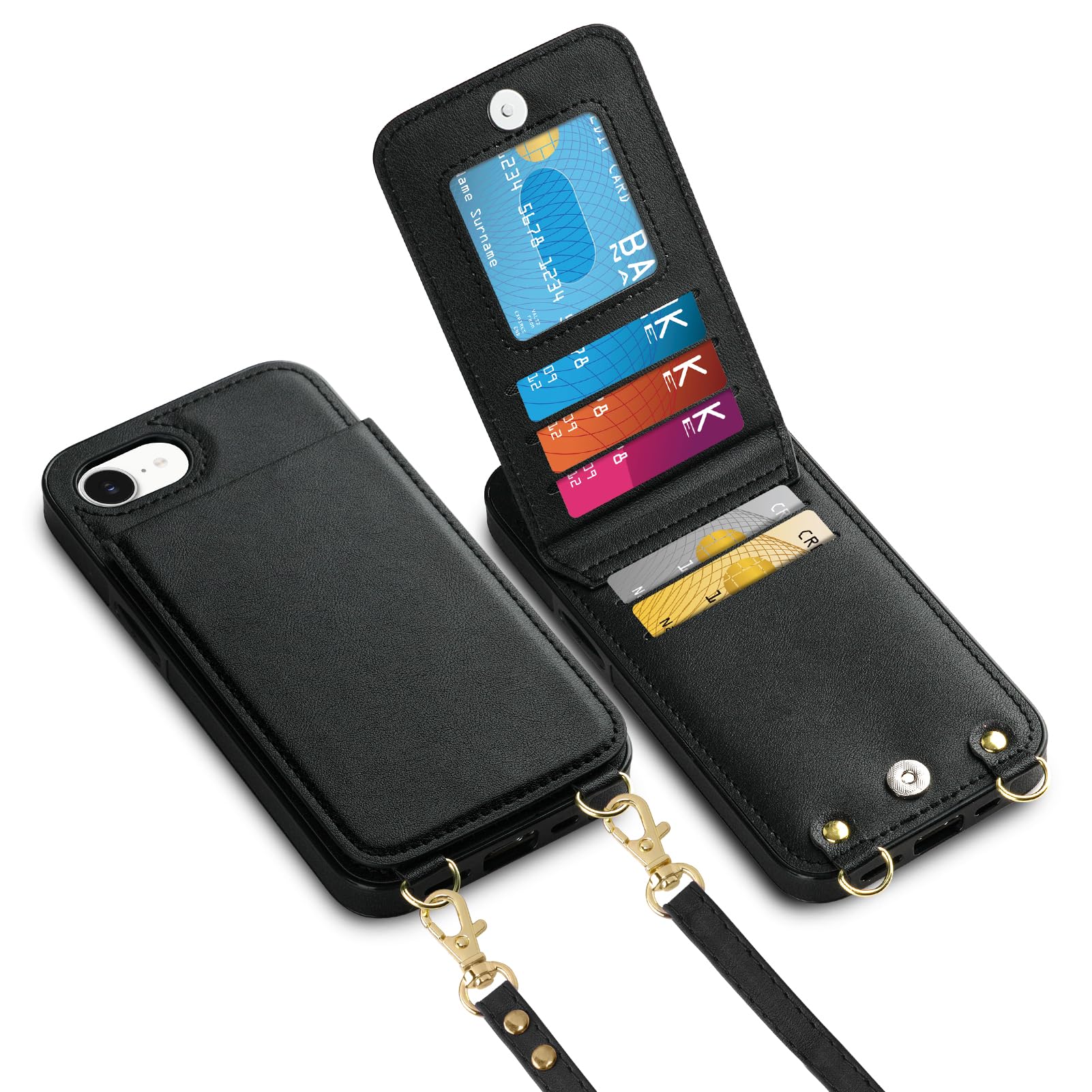 Vofolen for iPhone 16e Case with Card Holder Crossbody Lanyard Strap Leather Wallet Case with Magnetic Clasp Kickstand Heavy Duty Protective Flip