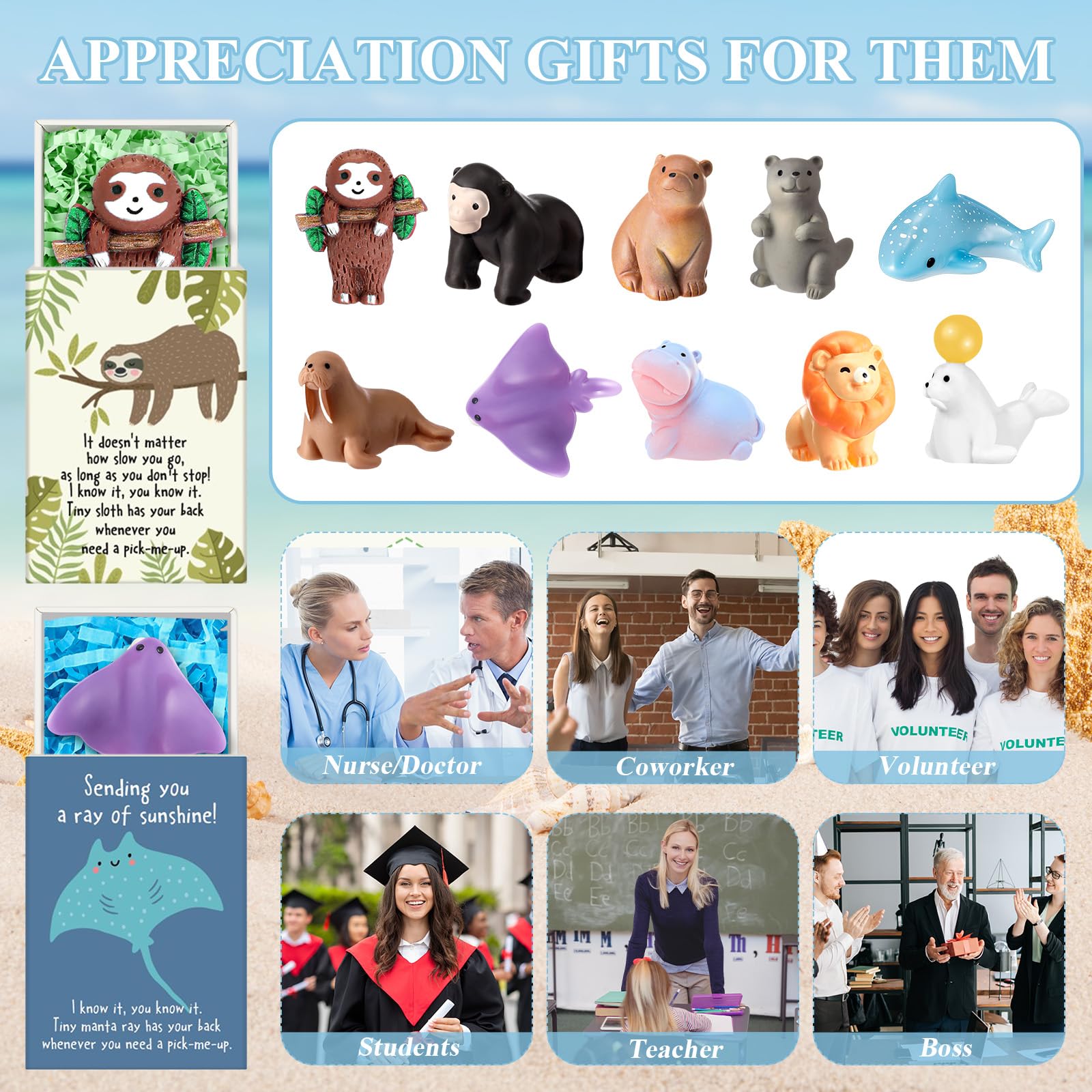 Soulchen 20 Sets Mini Emotional Gifts Bulk for Teacher Nurse Employee Positive Mental Health Stress Relief Gifts Resin Animal Figurines with Pun Box for Graduation End of Years Party Favors (Cute)