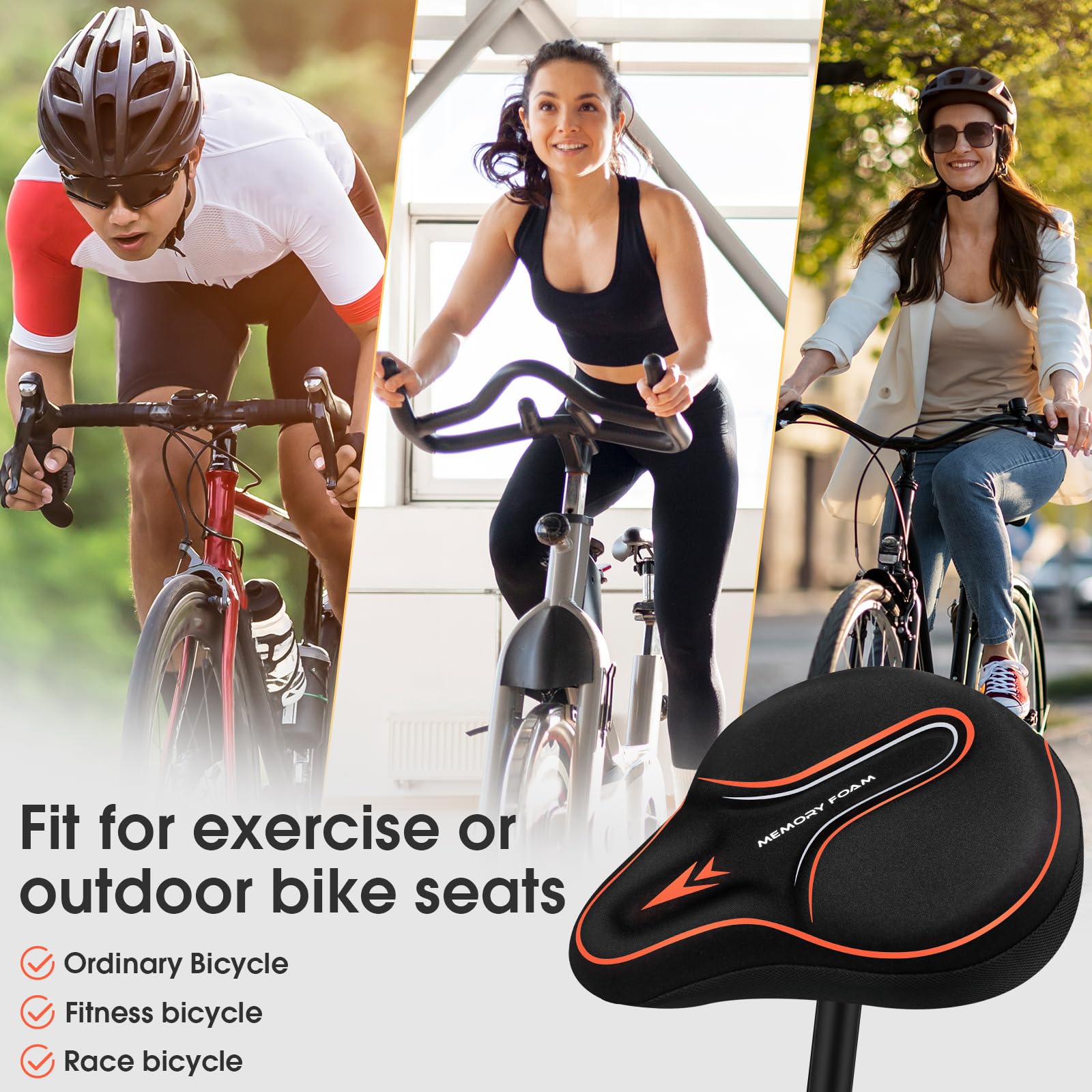 MSDADA Housse de siège de vélo en Mousse à mémoire de Forme rembourrée, Coussin de vélo Doux pour Homme et Femme, Accessoire de vélo Confortable pour vélo, extérieur et intérieur (Orange)