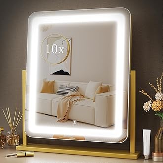 Gvnkvn Lighted Makeup Mirror, Hollywood Vanity Mirror with Lights, Three Color Lighting Modes, and Detachable 10X Magnification Mirror, Smart Touch Control, 360°Rotation (15.2in. Gold)