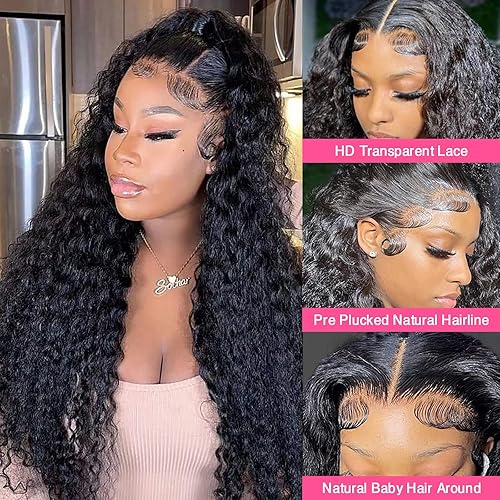 Miniatura 3 de Pelucas de cabello humano ondulado profundo con encaje frontal transparente HD de 13 x 4 pulgadas, pelucas de cabello humano rizado profundo para