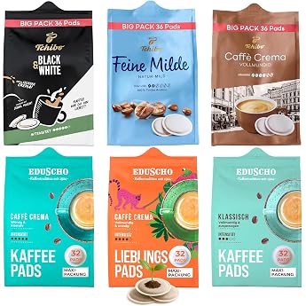 Tchibo Eduscho Coffee Pad Mix Tasting Set Variety Pack Fine Mild Black & White Caff  Crema Favourite Pads & Classic 204 Pieces - 3 x 36 Pads & 3 x 32 Pads Sustainable Suitable for Senseo Machines