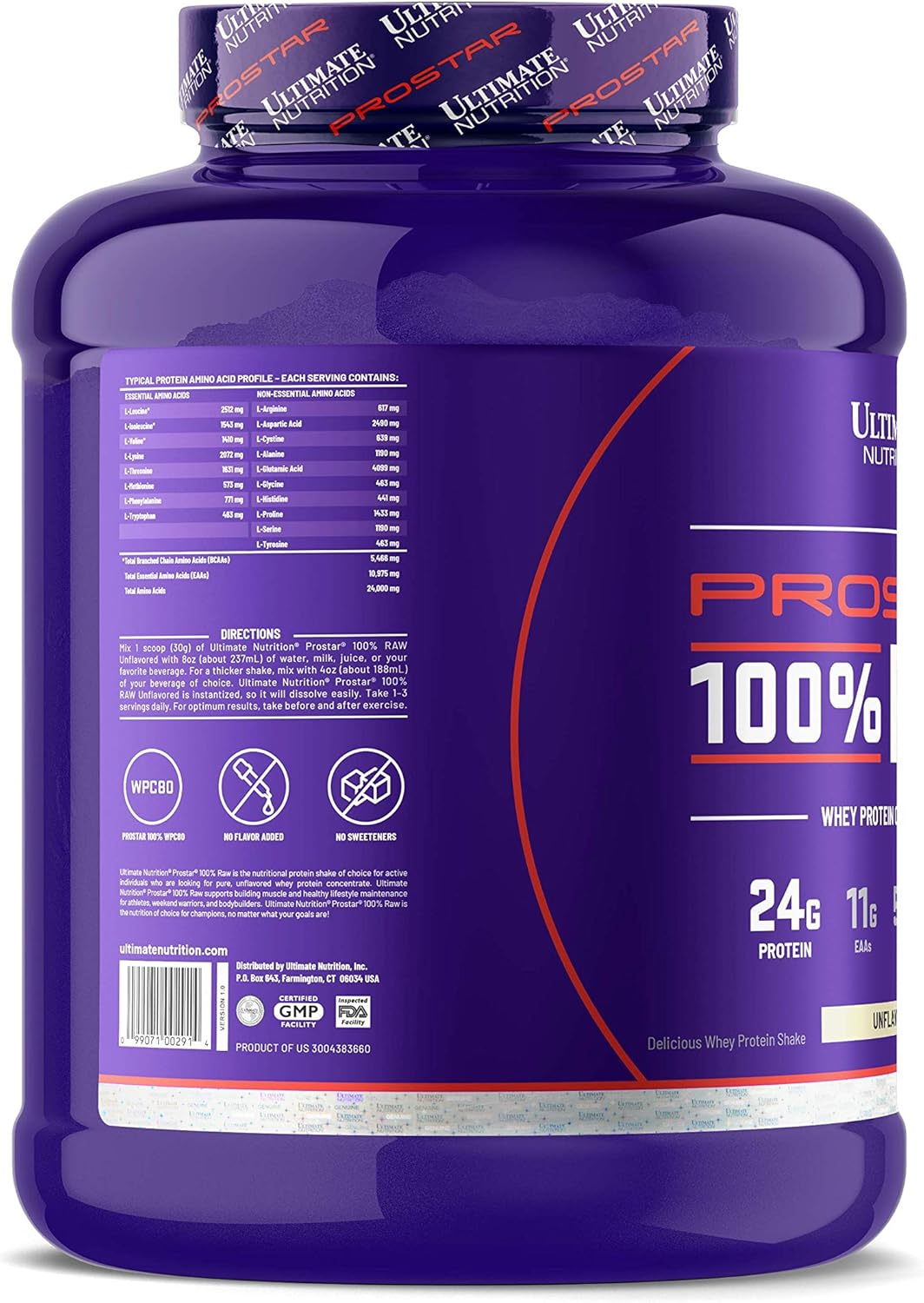 Ultimate Nutrition Prostar Raw Whey Protein Concentrate Powder, Low Carb, Low Fat, Keto Friendly, 24 Grams of Protein Per Serving with 5.5 Grams of BCAAs,Unflavored, 67 Servings, 4.4 Pounds