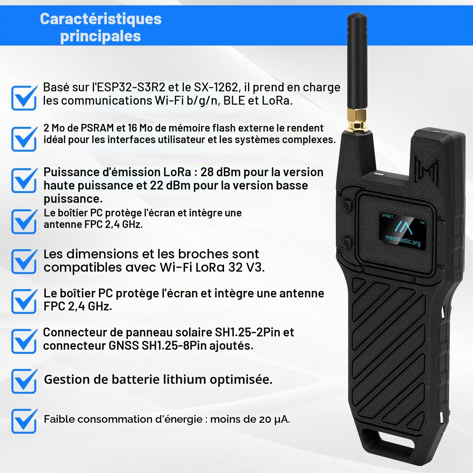 Lot de 2 cartes de développement ESP32 LoRa V4 + version GPS + batterie 3000 mAh + étui de transport ESP32-S3R2 SX1262 avec antenne 915 MHz WiFi Bluetooth 0,96" OLED LoRa V4 pour appareils Ar duino
