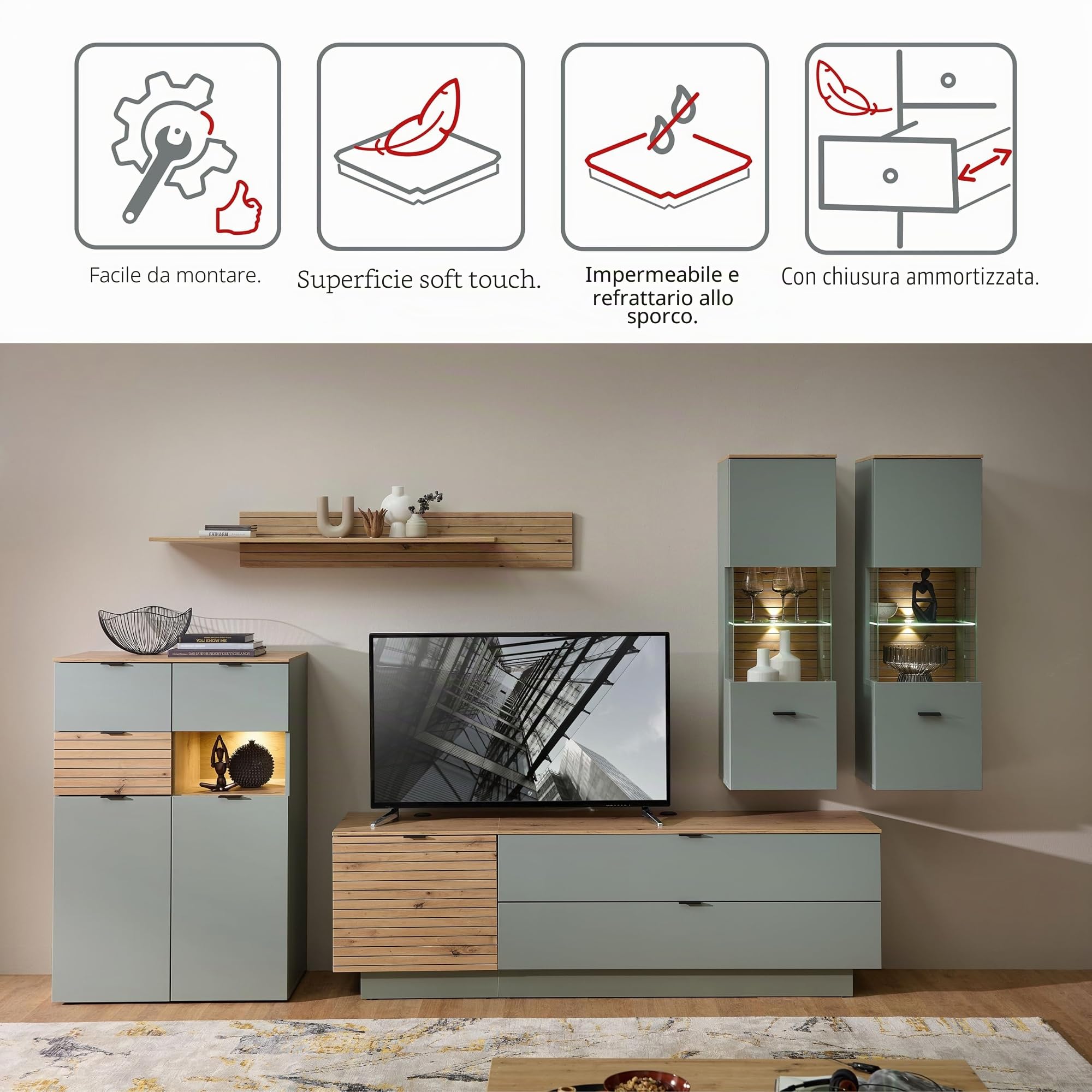 Stella Trading INA - Set completo da parete in verde canna, effetto rovere artisano, certificato FSC, 6 pezzi, con illuminazione a LED per il vostro soggiorno, 340 x 200 x 44 cm (larghezza x altezza x