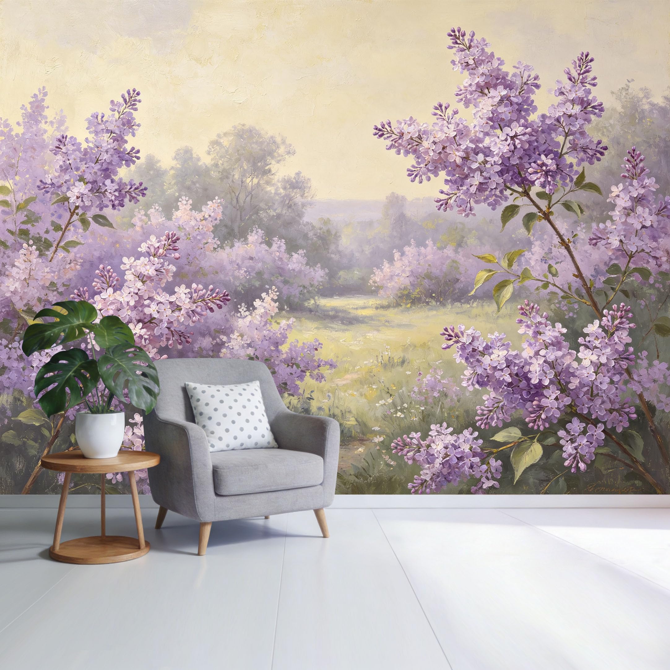 Custom Size Wall Mural Lavender Lilac Garden Landscape Oil Painting Botanical Bloom Pastel Nature Scene SelfAdhesive Wall Fabric Removable Wallpaper for Home Office Decor