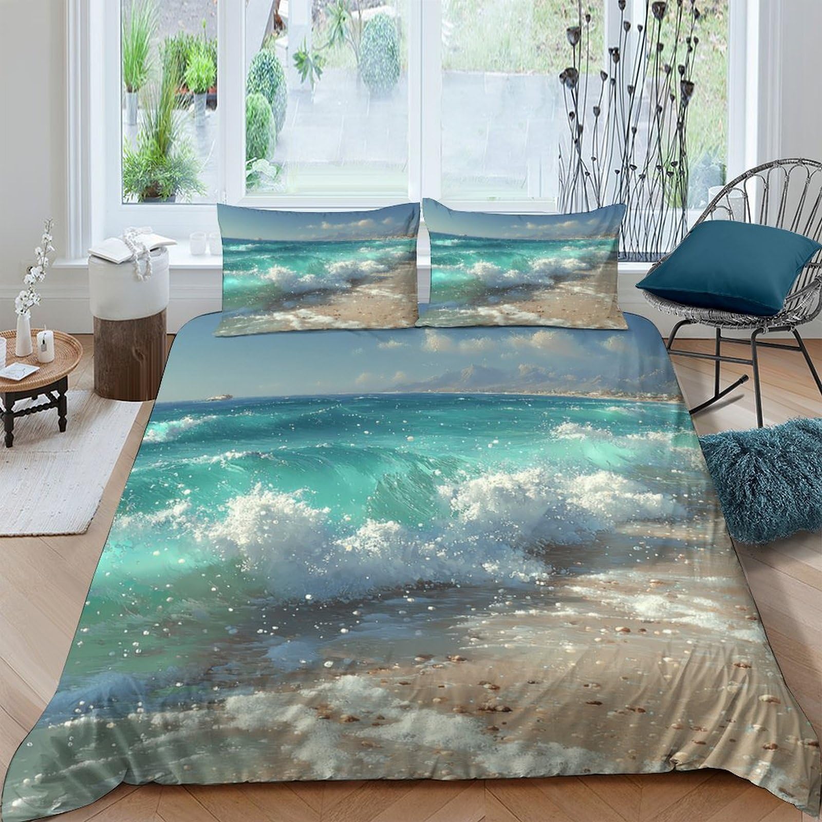 GPLZQXKJNH 3D Printed Ocean Wave Duvet Cover Microfiber Soft Beach Sunset Bedding Set with 2 Pillowcases for Bedroom Decor Single（135x200cm）