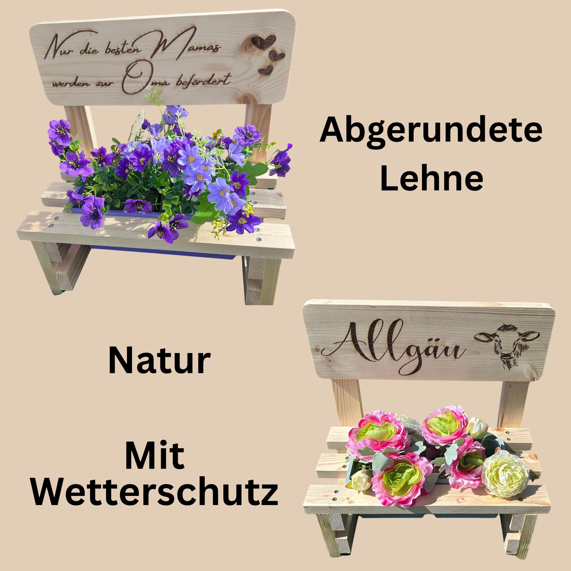 Generisch Kleine Blumenbank aus Holz mit Wunschgravur – Rustikale Pflanzenbank für Innen & Außen – Geschenkidee - Deko für Blumen personalisiert - Outdoor Garten Geschenk Oma Mama Muttertag Hochzeit