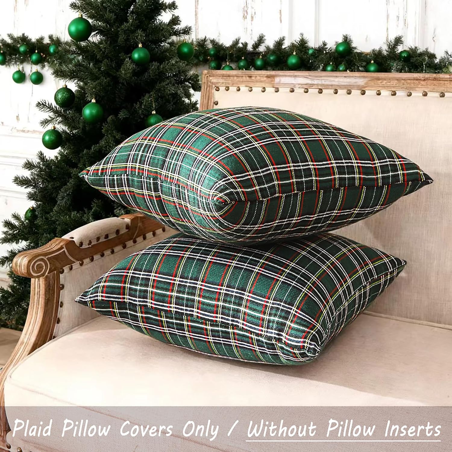 CARRIE HOME Green Tartan Plaid Throw Pillow Covers 18x18 Set of 2 Green Christmas Plaid Outdoor Pillows Traditional Christmas Decor for Living Room Couch Sofa - Image 6