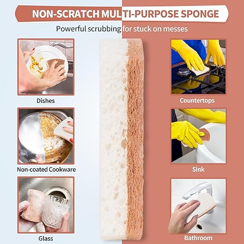 Miniatura 3 de Esponja natural para platos, 24 unidades, esponja exfoliante antiarañazos, esponja de celulosa de cocina multiusos ecológica, esponja de doble cara