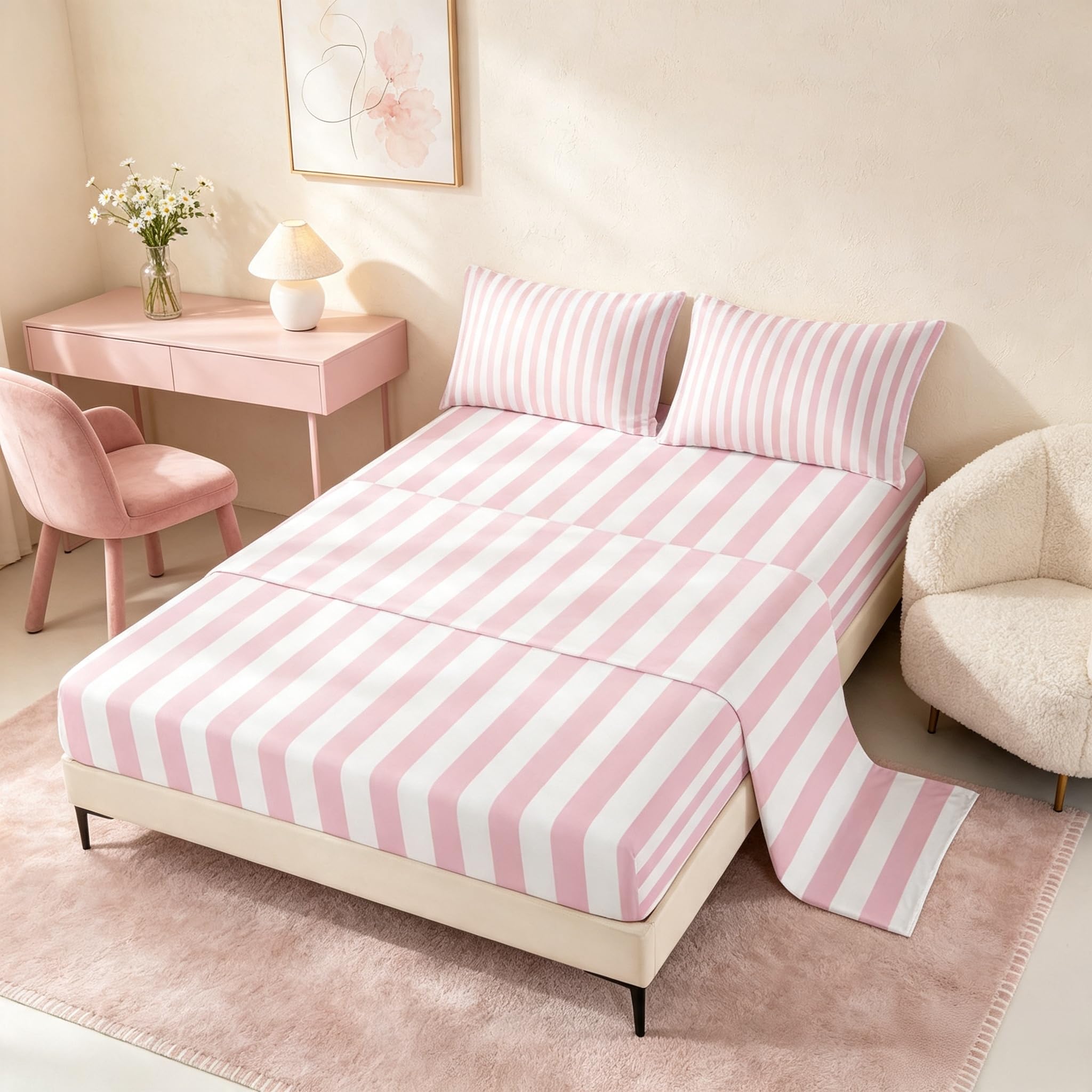 Manfei Gestreiftes Oberlaken, Queen-Size-Größe, gestreiftes Bettwäsche-Set, 4-teilig, für Kinder, Mädchen, Jungen, Teenager, Zimmer-Dekoration, moderne geometrische Linien, Spannbettlaken, rosa-weißes