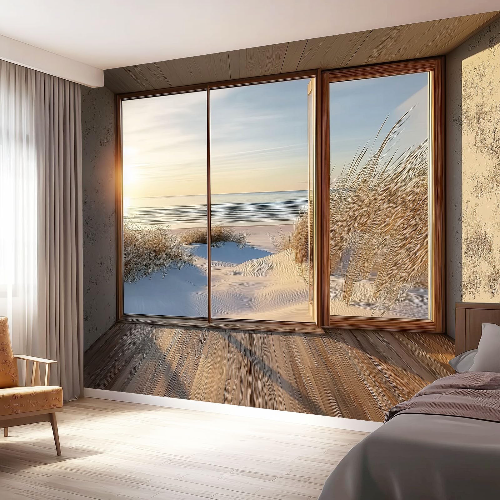 Kolorowa tapeta z włókniny mural plaża śnieżny krajobraz drewniana rama, niesamoprzylepna, 400 x 280 cm nadaje się do dekoracji sypialni i salonu