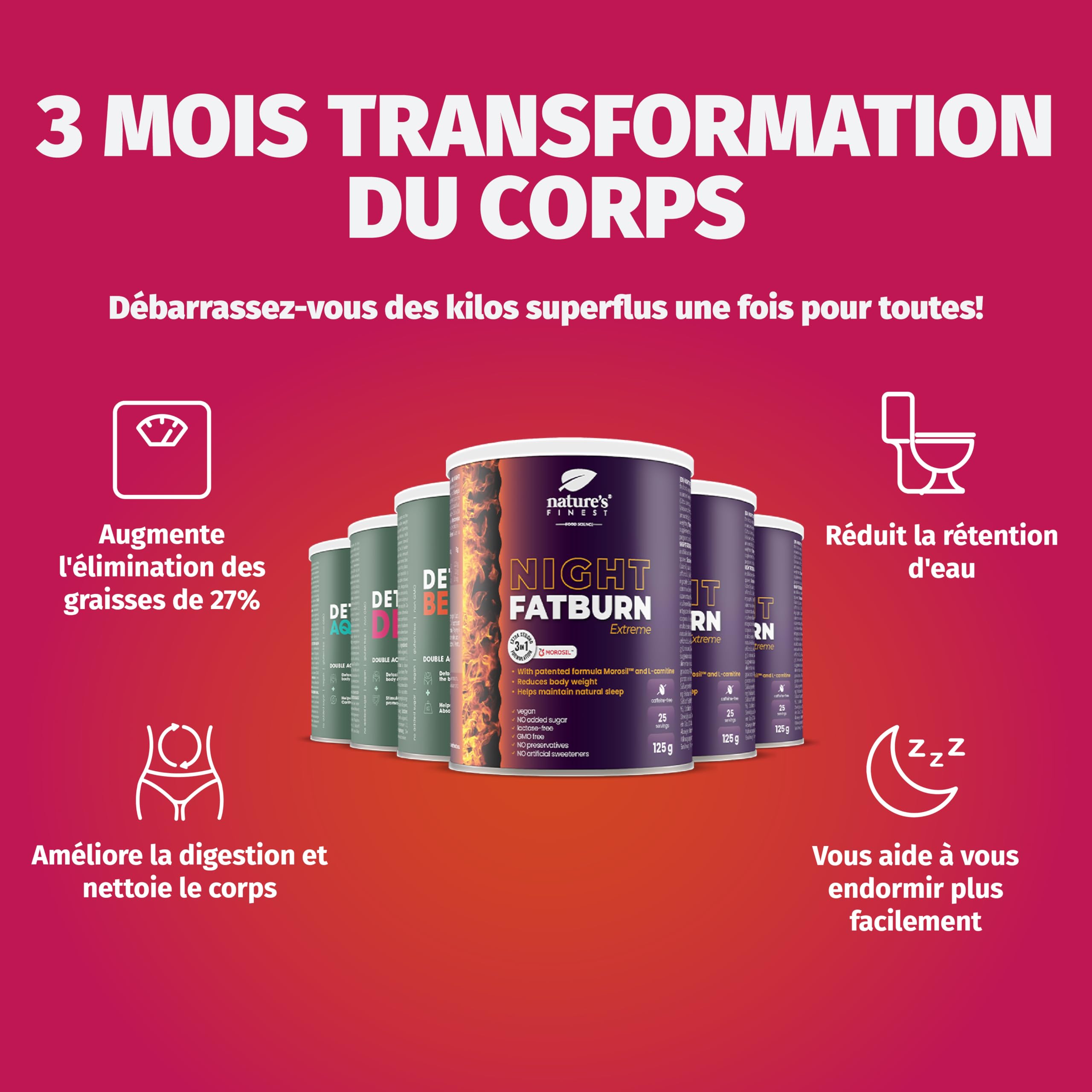 Nature's Finest Coffret 3 Mois, 6 Boissons en Poudre, 750 g | Coffret de 6 boissons en poudre pour 3 mois de routine - gamme Detox (Digest, Belly Burn, Aqua Attack) et Night Burn