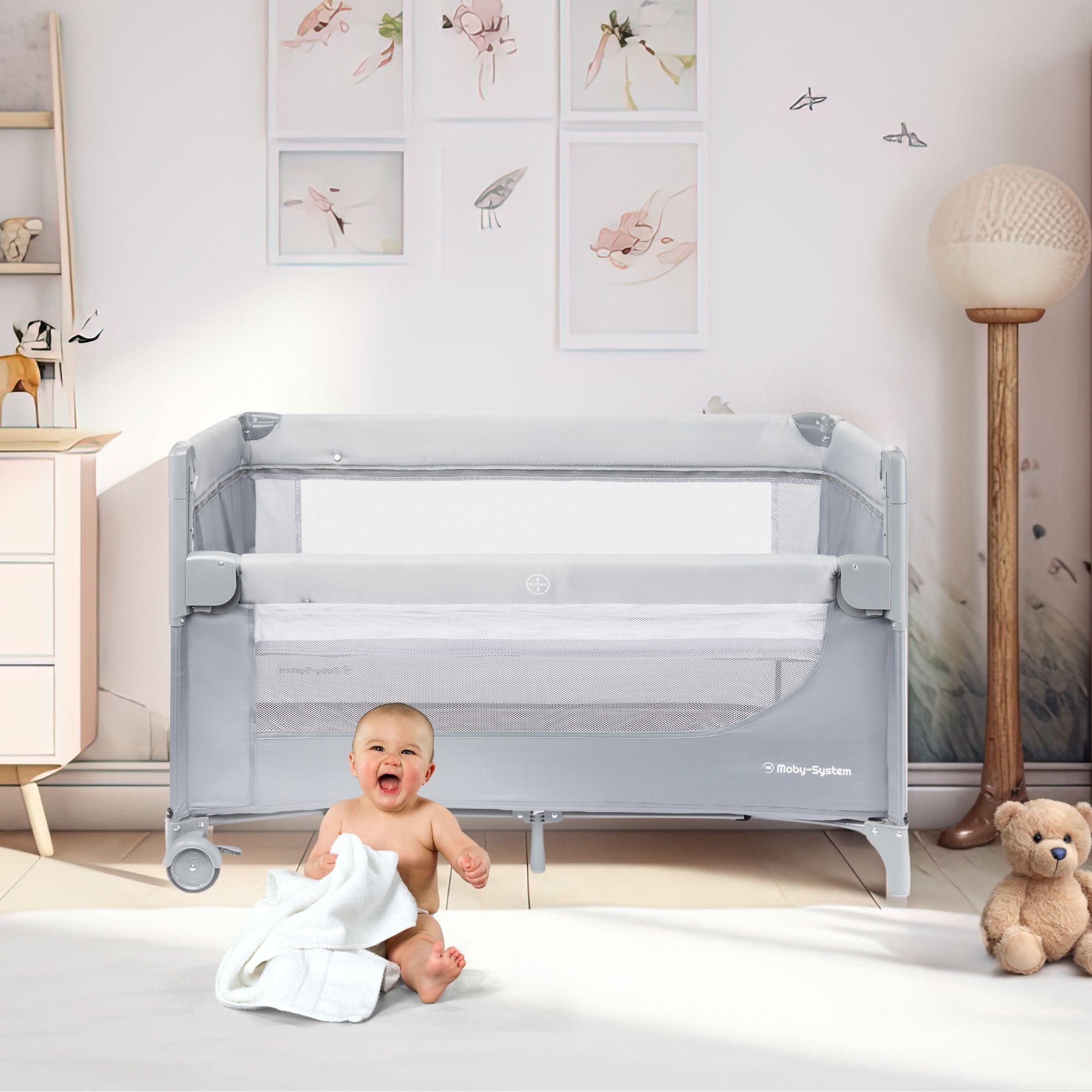 Moby-System Closely 3in1 Beistellbett Baby - Reisebett Baby mit Wickelauflage, Matratze, Transporttasche - Höhenverstellbares Beistellbett, Laufstall (6 Teile)