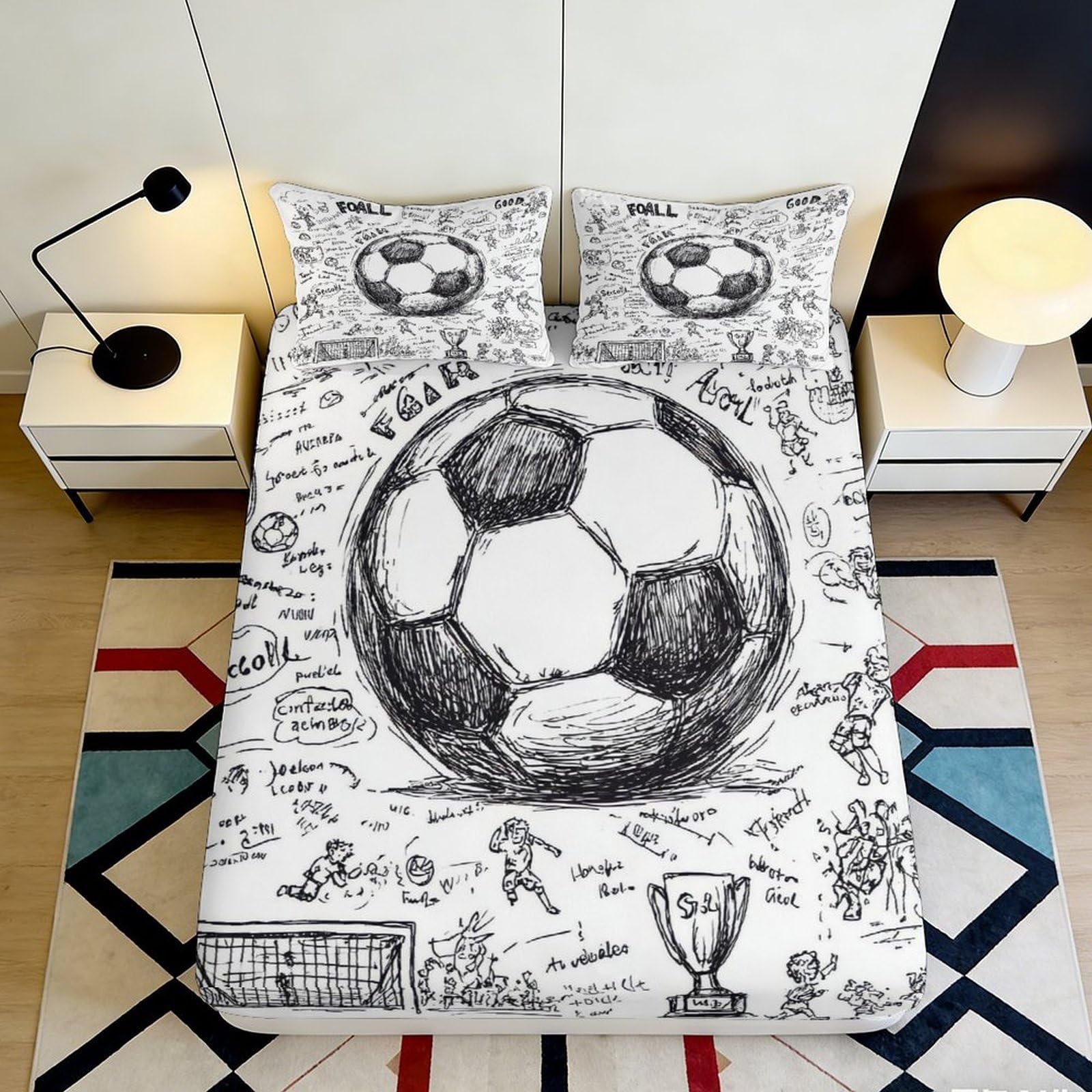 3D Printed Sketch Football Fitted Sheet Microfiber Soft Breathable Trophy Bed Cover for Bedroom Dorm Decor 90x200x25cm
