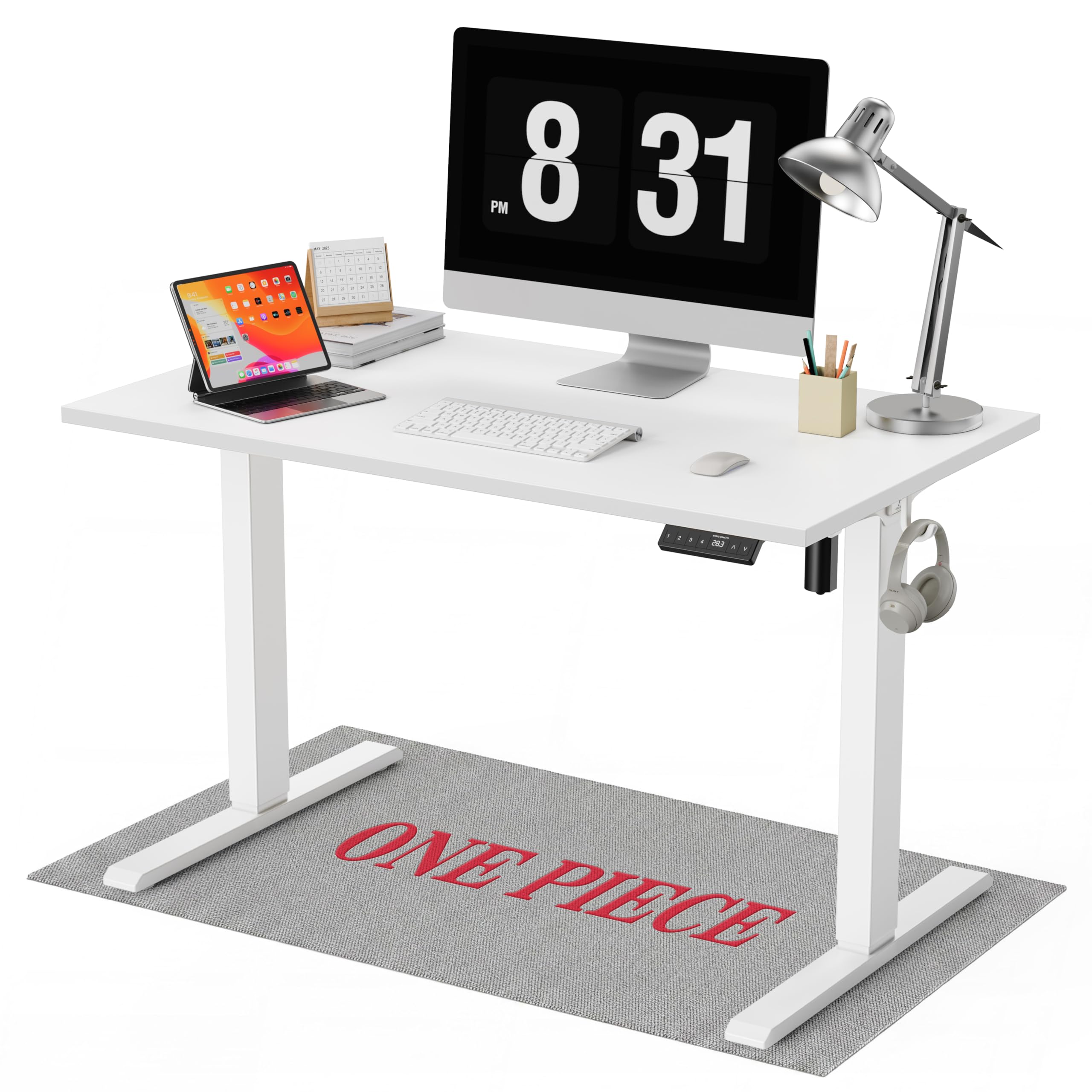 WALKINGDESK ONE PIECE Electric Standing Desk, 120 x 60 cm Height Adjustable Desk with Hooks, Computer Desk with 4 Memory Smart Pannel, Ergonomic Sit Stand Table for Home Office, White