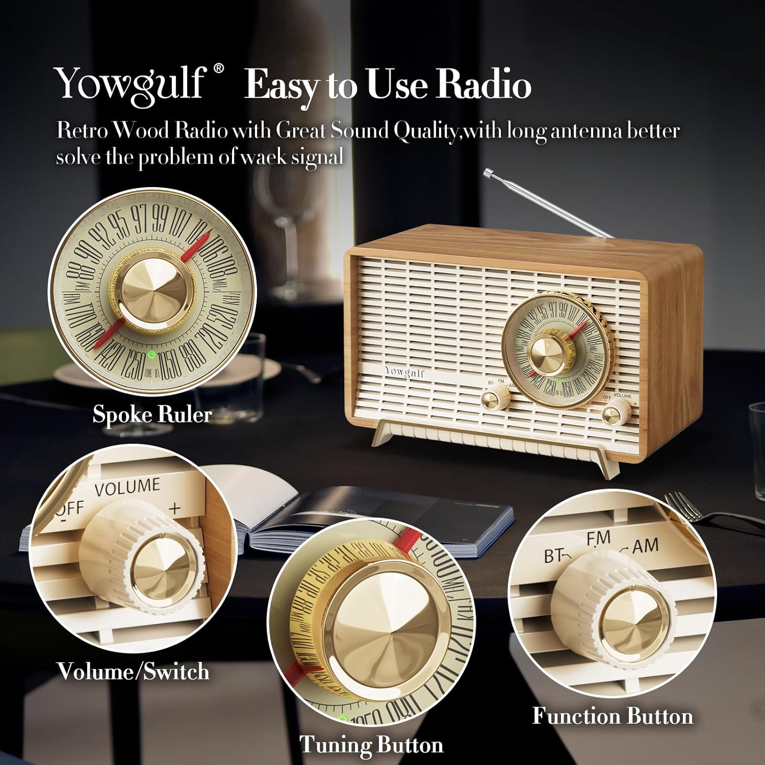 YOWGUIF AM FM Radio Classic Retro Wood Table Radio Bluetooth Speakers Radios Plug-in Wall with Rotary Knob Great for Home, Office - Image 3