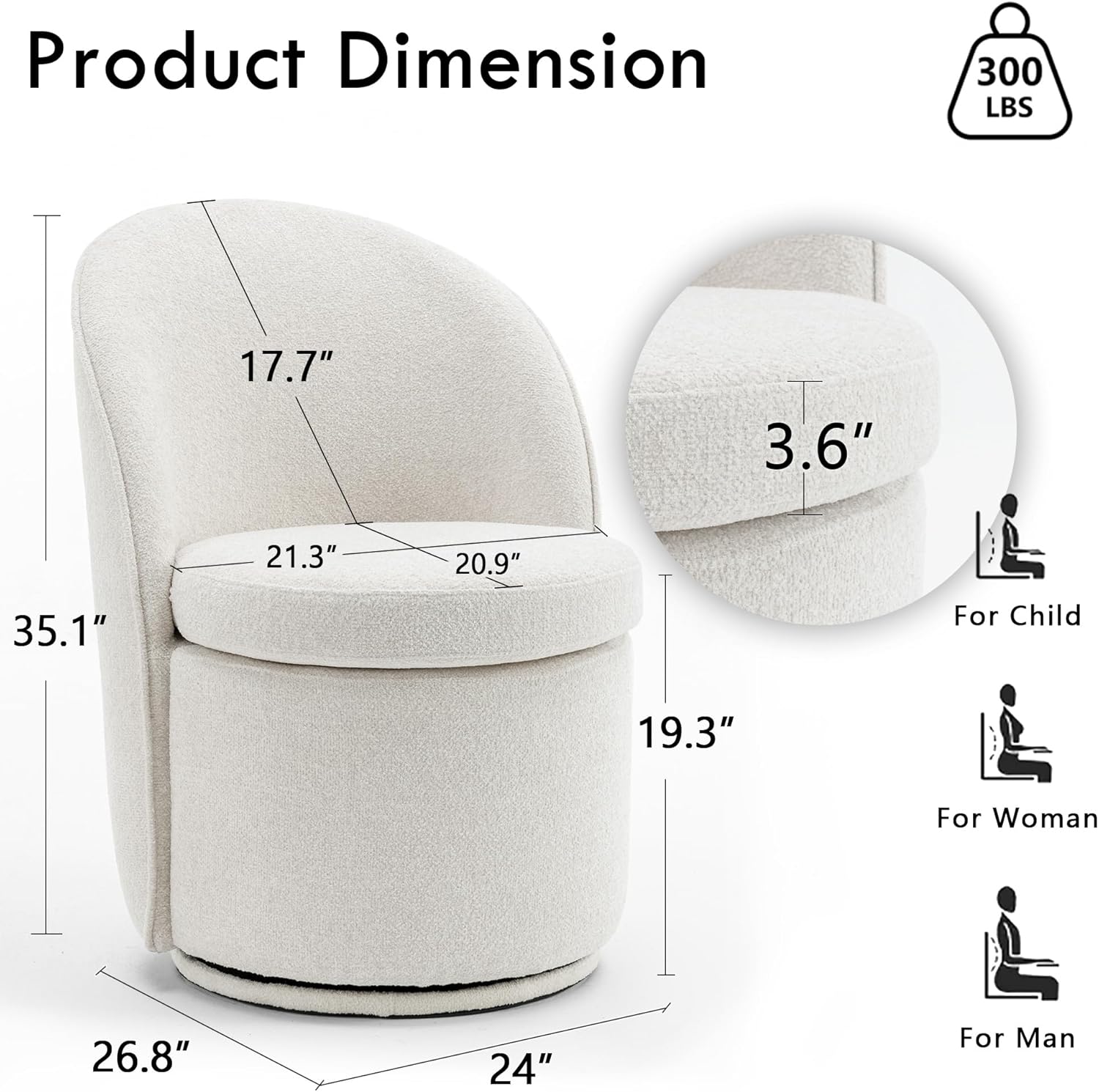 Rowill 360 Degree Swivel Vanity Chair with Back, Modern Round Upholstered Accent Chairs Boucle Fabric for Living Room, Reading Nook, Makeup & Vanity Chair, Easy Assembly, Beige