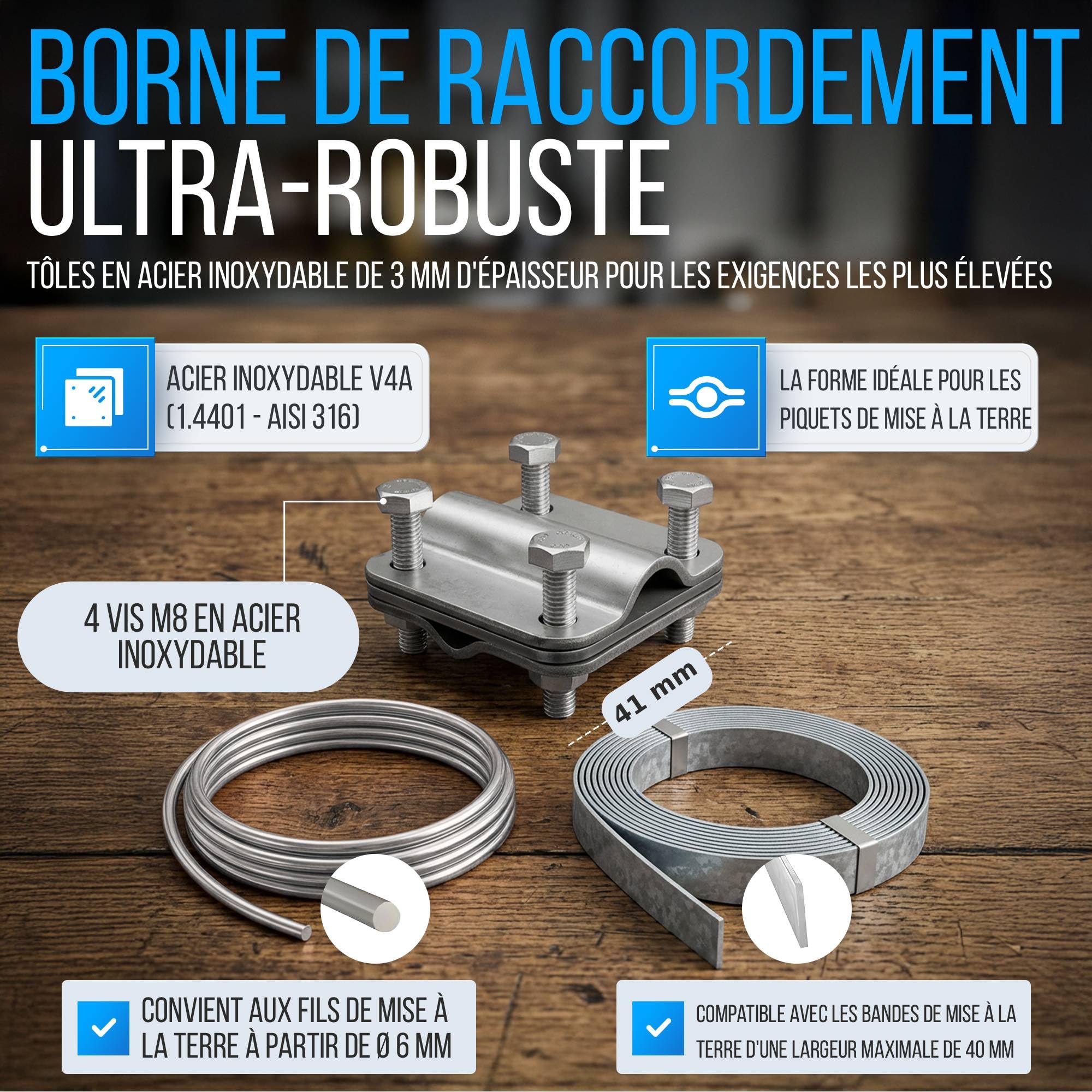 GRAFT kit d'électrodes de terre en V4A | perches 4x 1 m | Ø 20 mm | Avec enfonceur SDS-Max + borne | Syst. PV paratonnerre | Mise à la terre | Mise à la terre individuelle | Piquet
