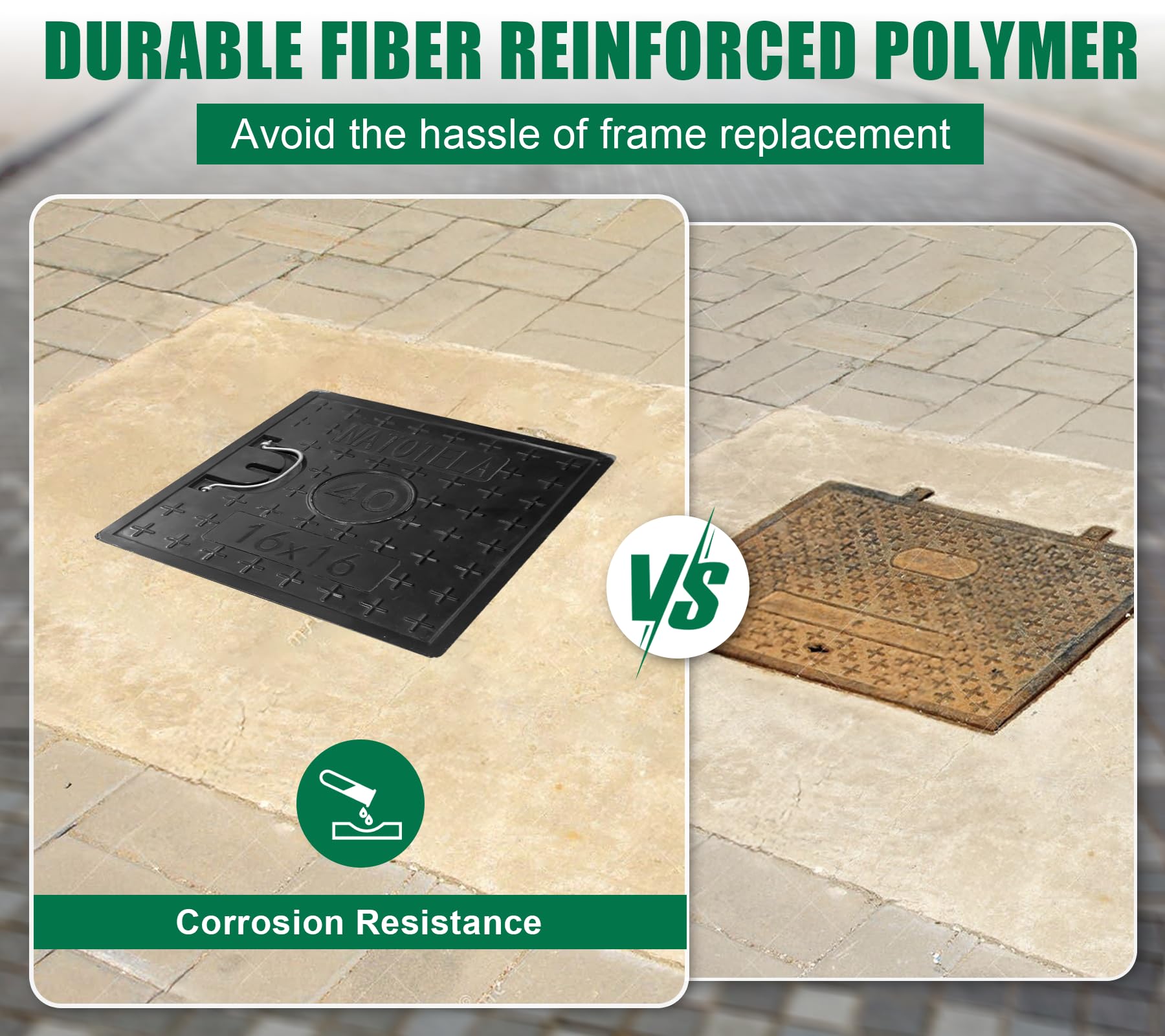 NATOTELA Manhole Cover and Frame Fiberglass,Cover Size 400x400mm/Overall size 465x465mm Square Drain Cover Access Inspection Reinforced Steel Embedded Sewer Cover with Handles Non-slip Solid Black - Image 4