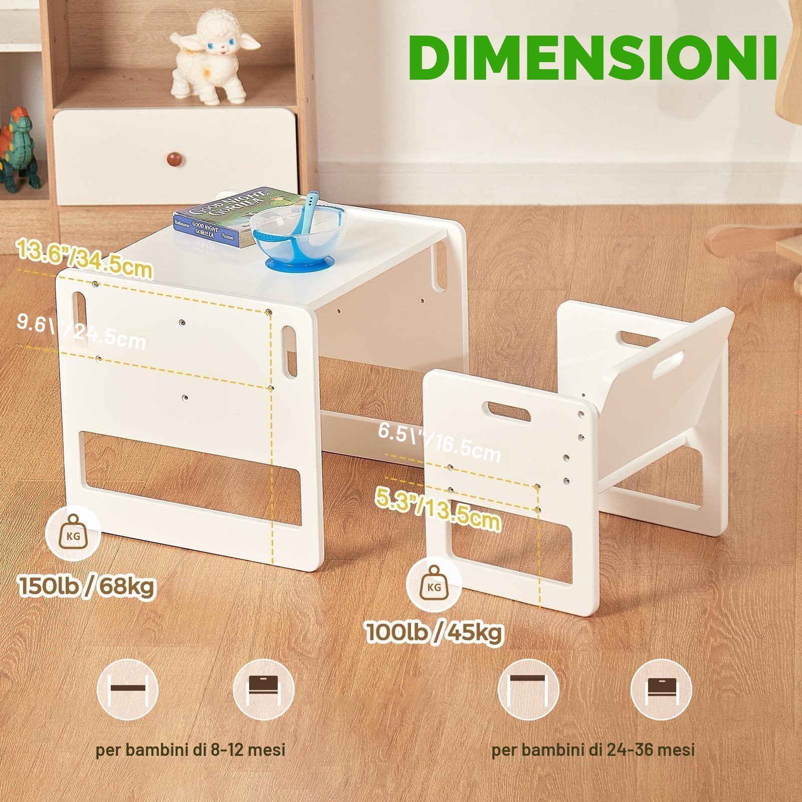 FUNLIO Set Tavolo e Sedia Montessori per Bambini 1-3 Anni, Altezza Regolabile, Ideale per Leggere/Mangiare/Giocare, Montaggio Semplice, Certificato CPC - Bianco