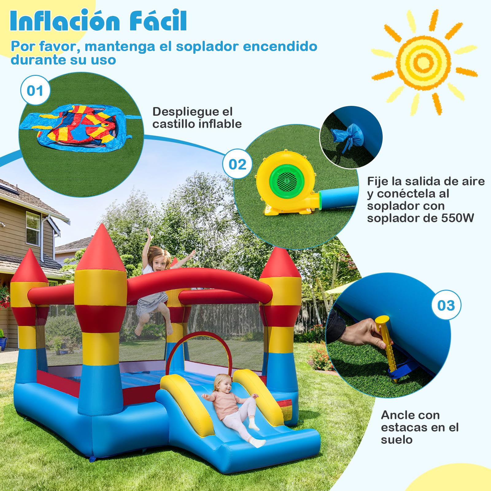COSTWAY Castillo Hinchable con Tobogán y Aro de Baloncesto para Niños, 370x280x230cm Infantil Juguete para Parque Patio Jardín (con Soplador 550W)