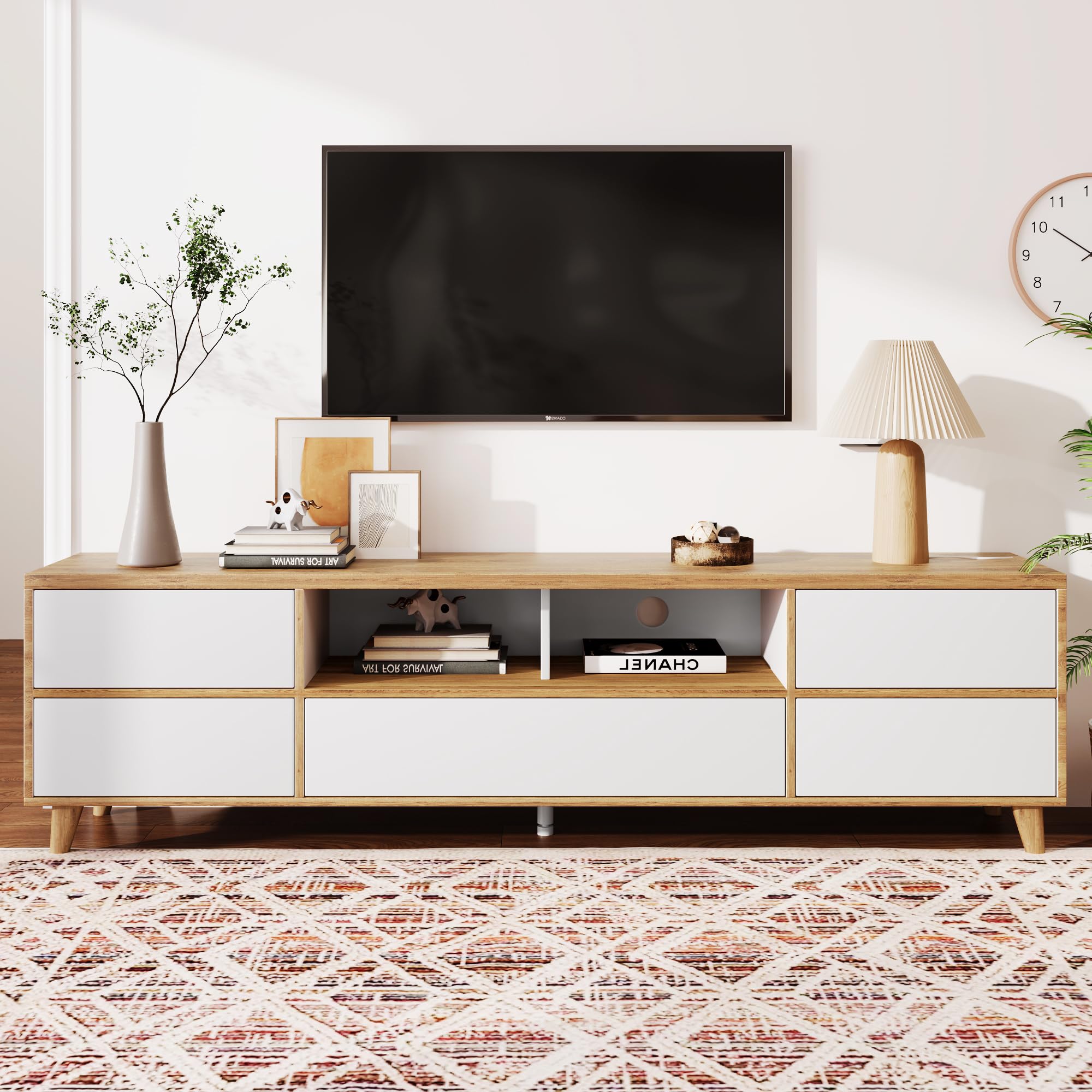 Merax Boden-TV-Schrank,TV-Sideboard Lowboard in Weiß und Holzoptik mit Fächern und Türen - Charmante Wohnzimmermöbel 175 * 37 * 51CM
