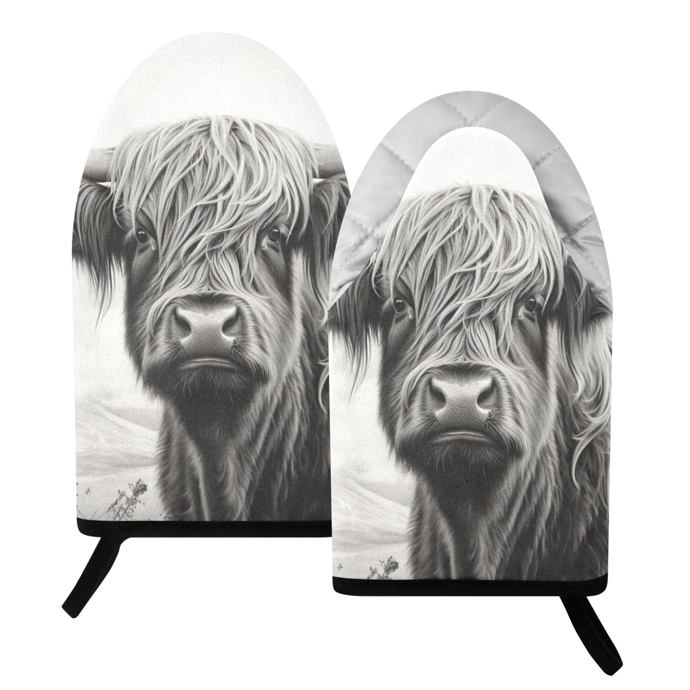 Kutsu Highland Cow Oven Mitts for Kitchen, Heat Resistant Cotton Oven Gloves for BBQ Baking Cooking, Breathable Kitchen Essentials, 2 pcs