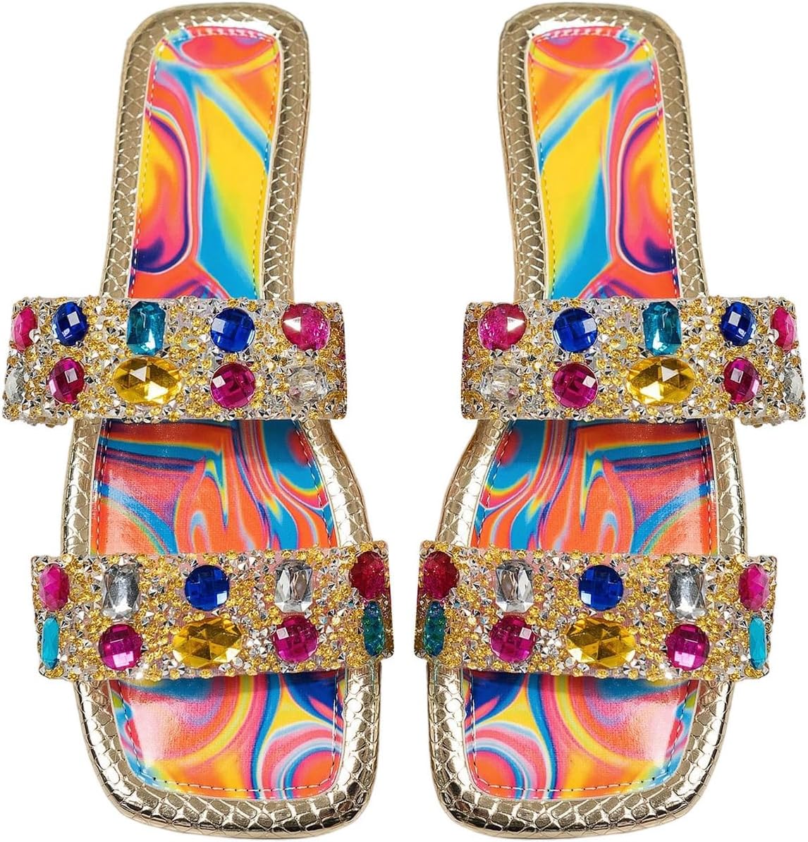 GORGLITTER Women's Sparkly Summer Sandals 2026 Rhinestone Bling colorful Square Toe Wedding Flats Slides Shoes