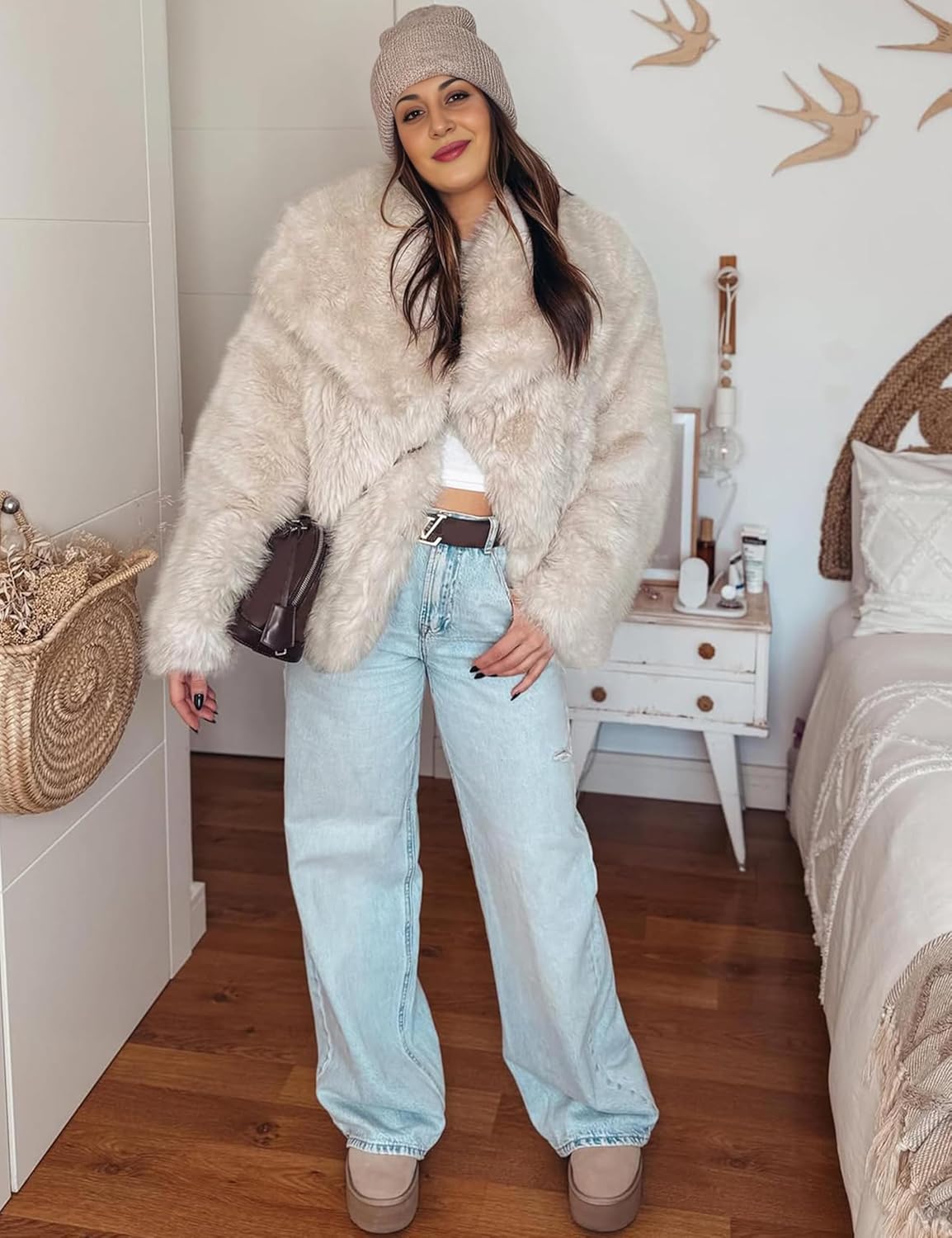 Womens Cropped Fluffy Faux Fur Coat Open Front Long Sleeve Furry Jacket with Pockets - Image 2