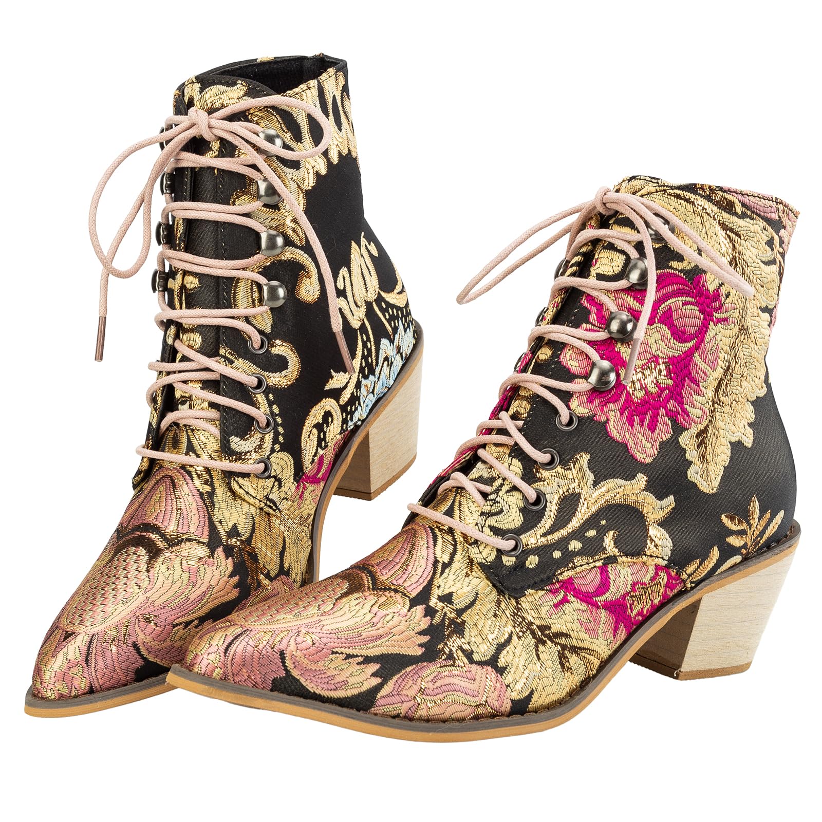 Gets Womens Vintage Floral Embroidered Block Heel Cowboy Boots Heighten Ankle Booties