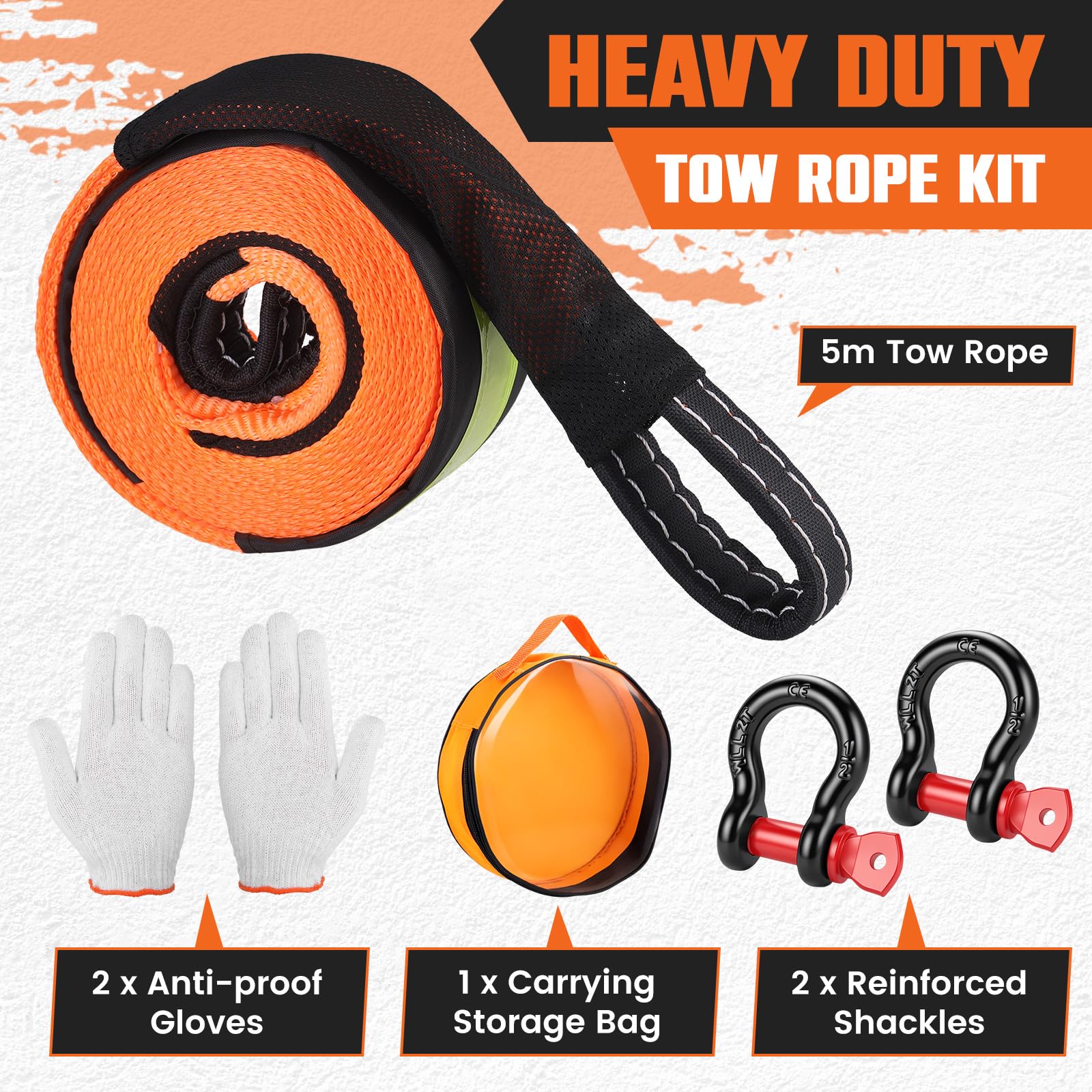 Cavo Traino 10 Ton Heavy Duty 5M x 5CM, Cintura Traino Ad Alta Resistenza per Auto con 2 Staffe Rinforzate, Borsa da Magazzinaggio e Guanti, Kit Recupero Fuoristrada per SUV, Furgone, Camion, Berlina