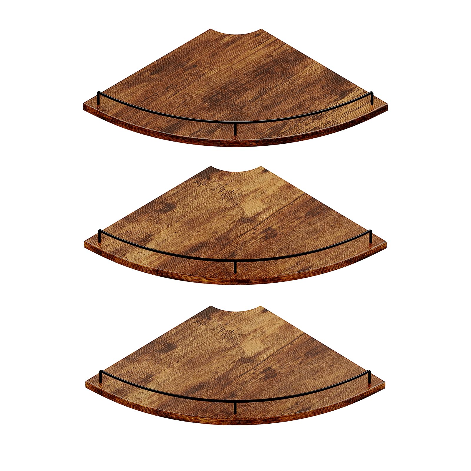 JJL Corner Shelf Wall Mounted, 12 Inches 3-Tier Floating Corner Shelf, Fan-Shaped Rustic Wood Decor with Fence, Brown Storage Organizer for Apartment Bedroom Kitchen Bathroom