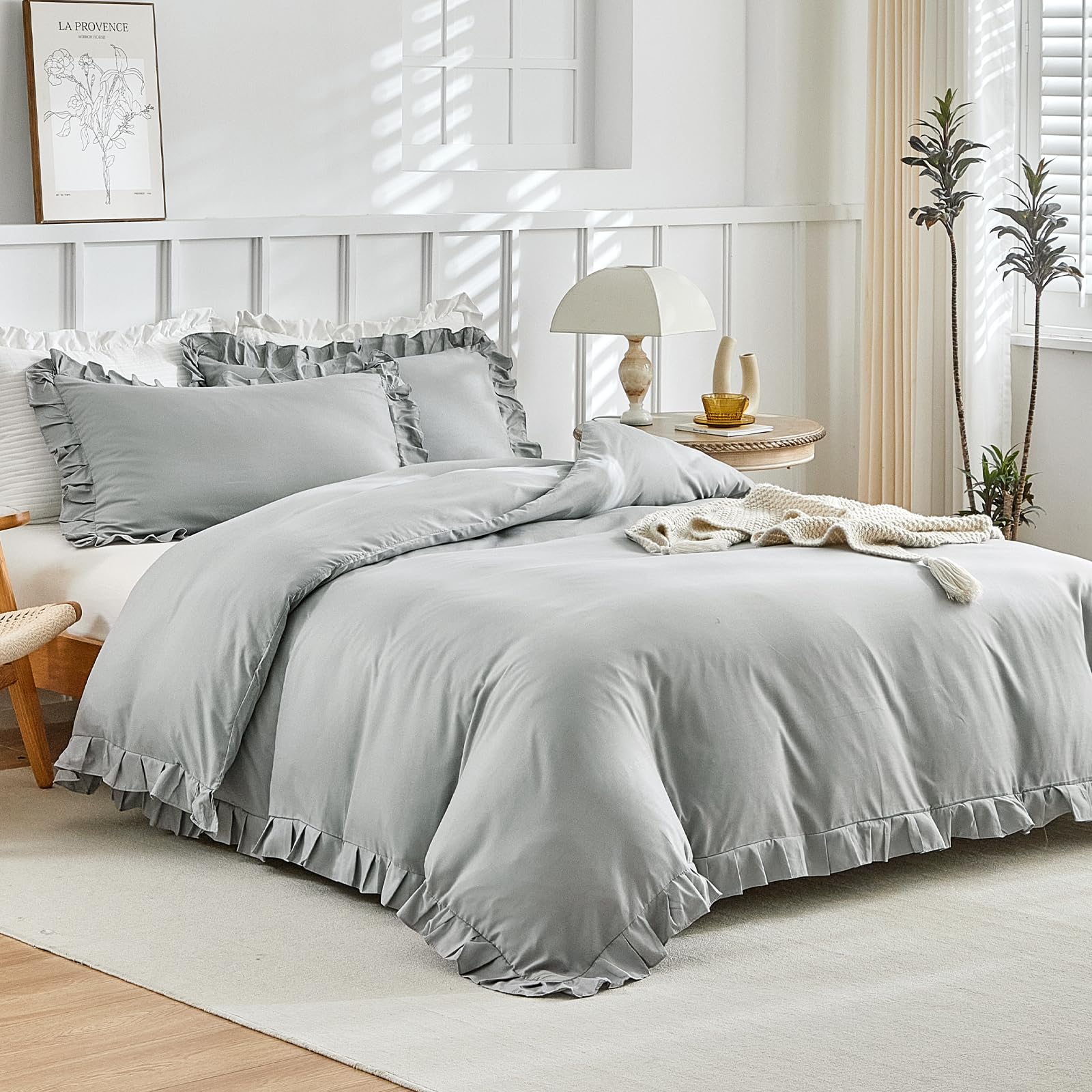 Tokokimo Set Copripiumino Matrimoniale 240x220cm, Copripiumino Matrimoniale 3 Pezzi in Microfibra Con Volant, Comprendente 1 Copripiumino 240x220 + 2 Federe 50x80, Grigio