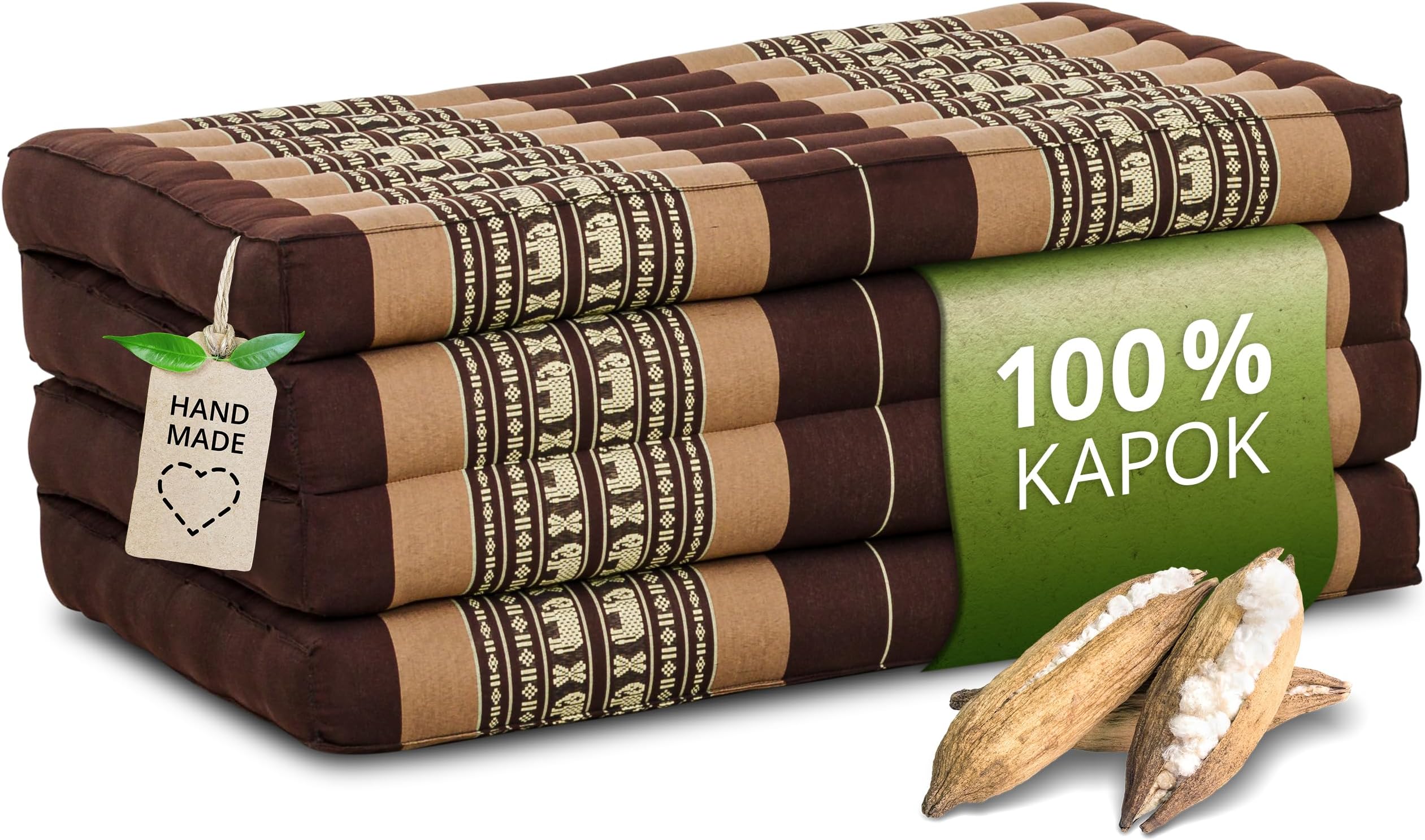 livasia Sustainable kapok mattress - 79x31x3.1″ - Guest mattress, Folding mattress for van, Ecological yoga mat, Folding guest bed, Sun lounger for garden & balcony (Brown/Elephants)