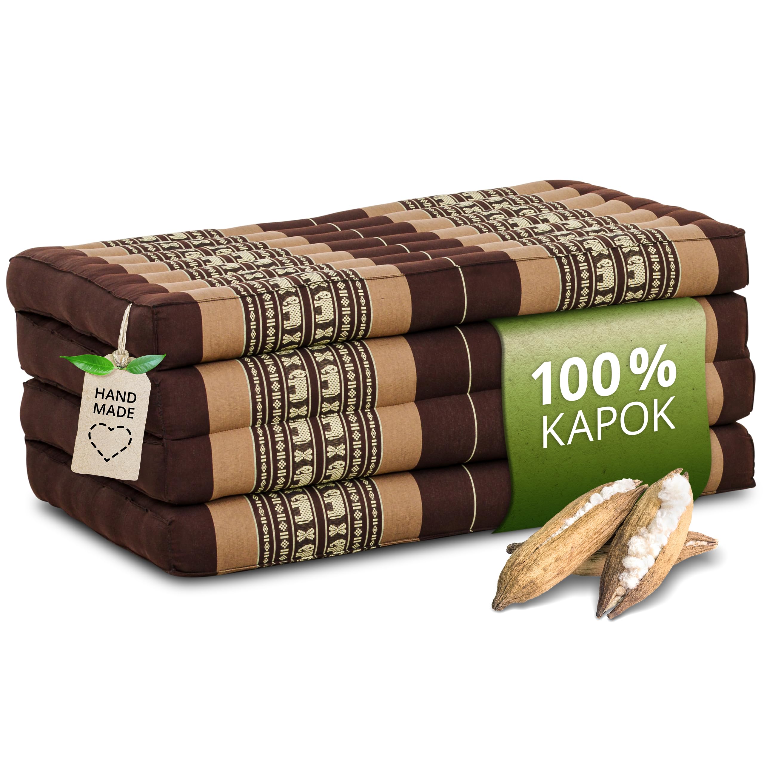 livasia Sustainable kapok mattress - 79x31x3.1″ - Guest mattress, Folding mattress for van, Ecological yoga mat, Folding guest bed, Sun lounger for garden & balcony (Brown/Elephants)