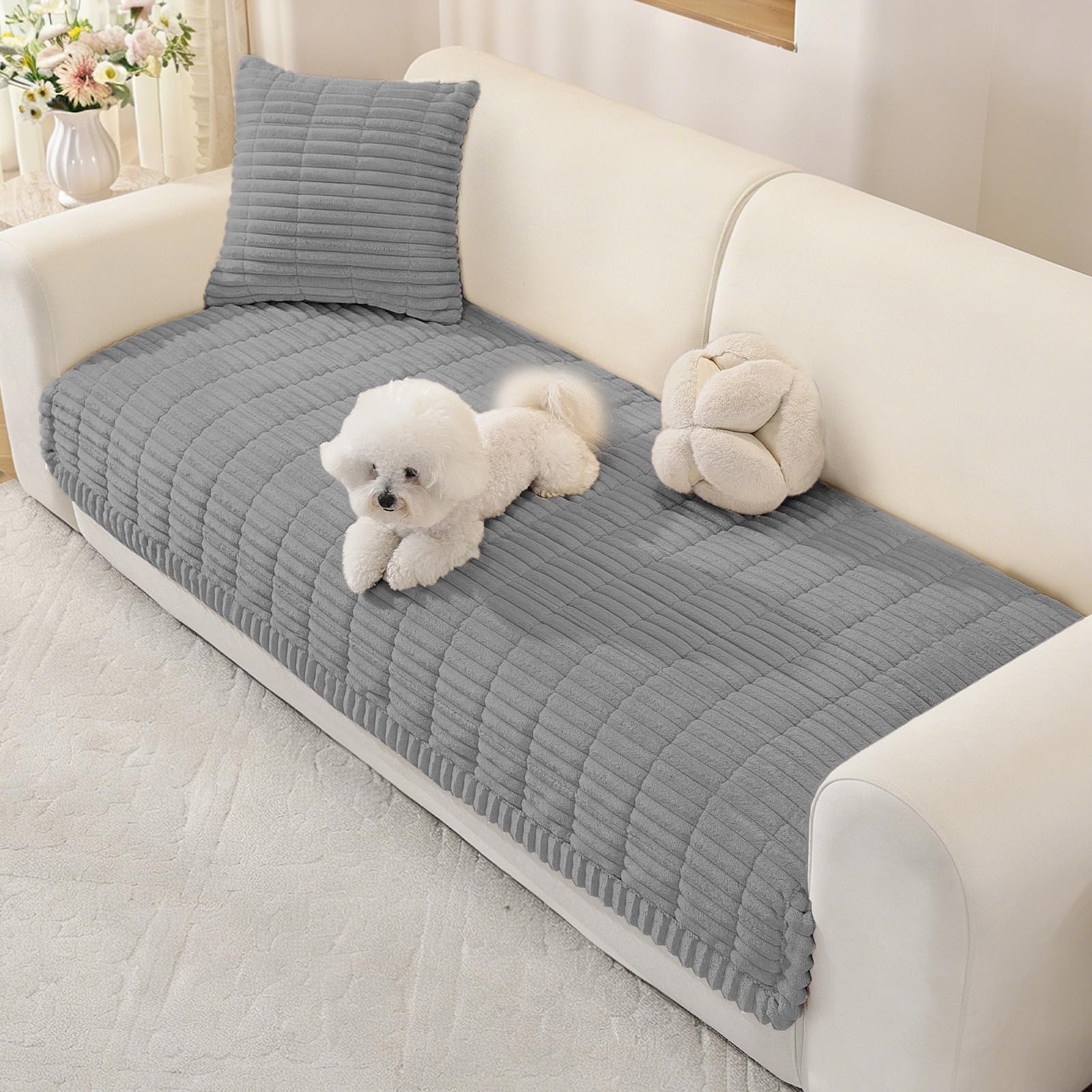XINEAGE Thick Sofa Covers Washable, Soft Flannel Sofa Cover 2 3 4 Seater, Fuzzy Sofa Slipcovers Non-Slip, Couch Seat Covers Furniture Protctors for Dogs, Pets (90x240cm, Dark Grey)