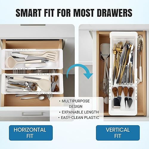 Miniatura 6 de Enhon Bandeja organizadora de cajones expandible con divisores ajustables, divisor de cajones de almacenamiento de cocina deslizante para