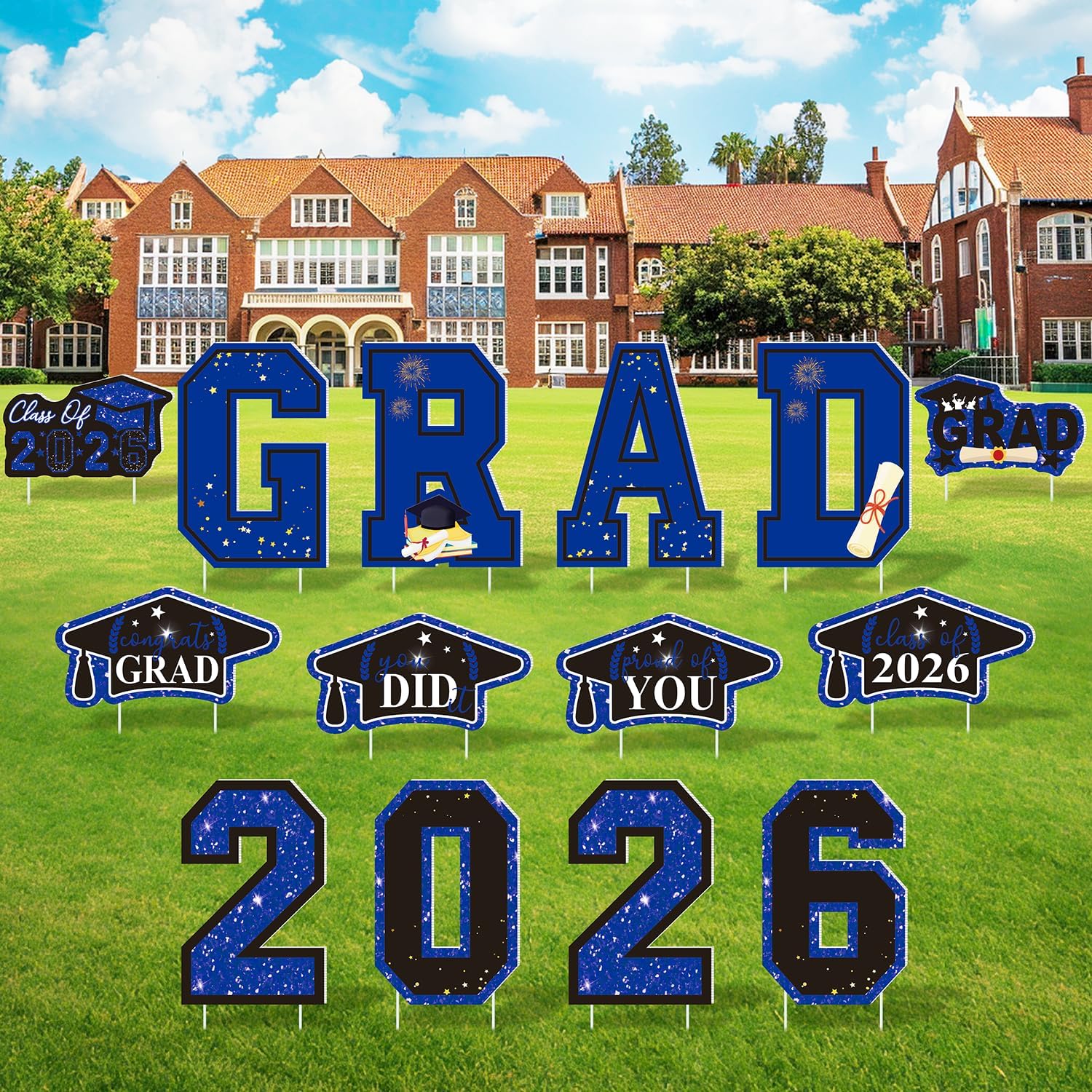 Graduation Yard Signs Class of 2026, 14 PCS Large Blue Graduation Yard Decorations with Lawn Stakes, Congratulations Outdoor Grad Decor Party Supplies Favors for High School, College & High School
