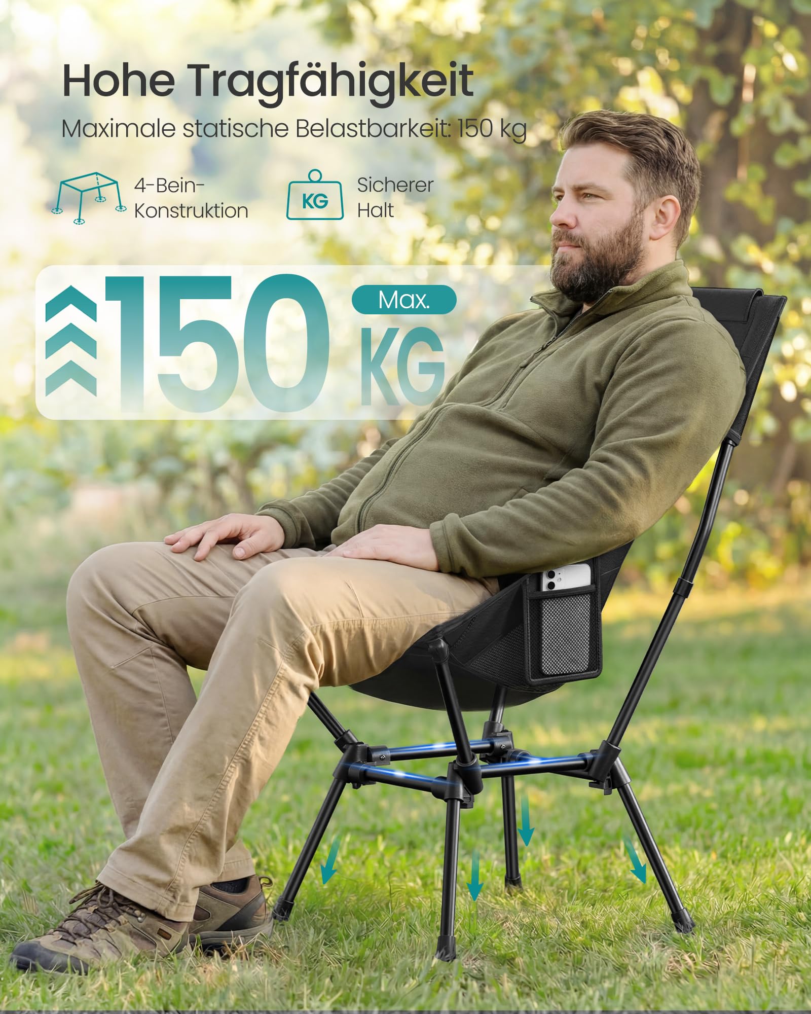 SONGMICS Campingstuhl, Strandstuhl hohe Rückenlehne, Gartenstuhl klappbar, höhenverstellbar, Stahlgestell, bis 150 kg belastbar, 2 Seitentaschen, Kopfstütze, Reisen, schwarz GCB051BZ01