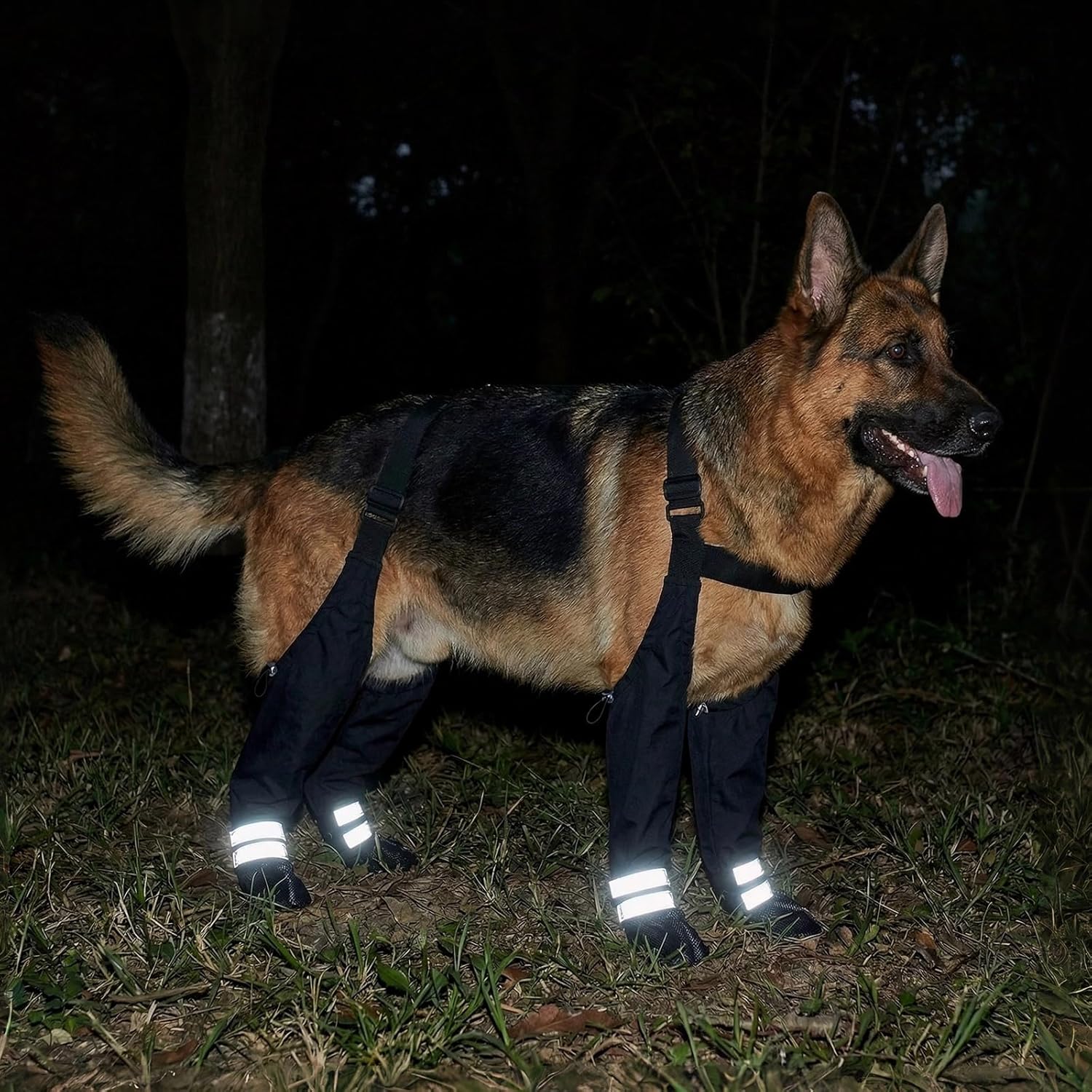 Dog Suspender Boots for Large Dogs – Waterproof & Non-Slip Dog Paw Protectors with Adjustable Straps & Reflective Strips, All-in-One Connected Dog Boots for Outdoor Walks, Snow, Rain, Hiking (L)