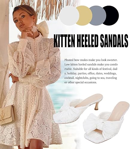 Miniatura 6 de Coutgo Sandalias de tacón con lazo para mujer, tacones plisados con lazo, puntera cuadrada abierta, lindos tacones de gatito, zapatos de vestir