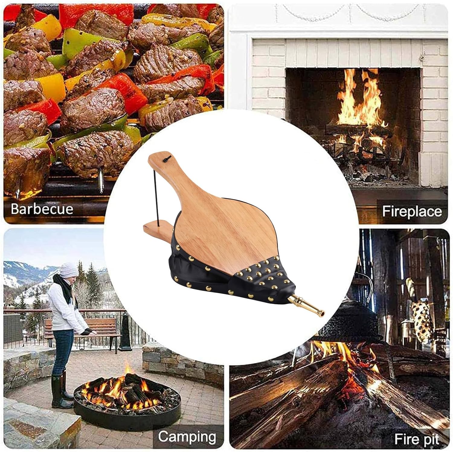 Fireplace Bellows Indoor - Air Blower Cast Nozzle, Bellow for Fire Pit, Bellows for Wood Wooden Bellow Natural Hand Blower Fors Grill Fireplace, Manual Air Blowers, Outdoor Camping Barbeque Chimn