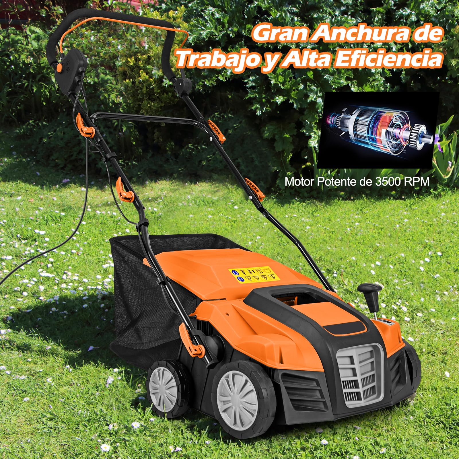 GOPLUS Escarificador Eléctrico, Cortacésped de Empuje con Ajuste de Profundidad de 5 Posiciones, Bolsa de Recolección Desmontable 55 L, Rastrillo Eléctrico Plegable para Cuidado del Césped (Naranja)