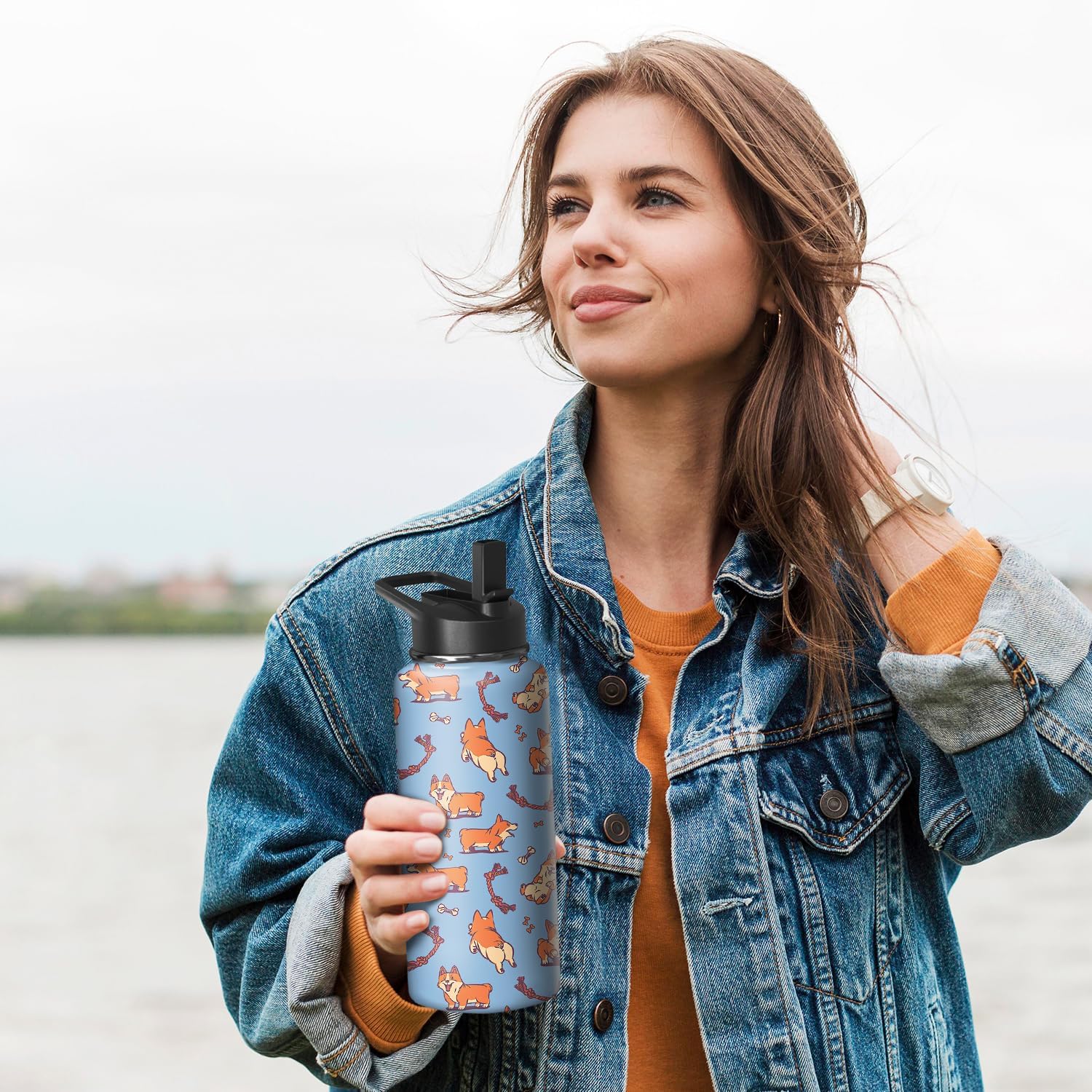 32oz Corgi Water Bottle with Handle and Flip Straw, Dog Lovers Sports Stainless Steel Insulated Cup Travel Coffee Mug Tumbler, Birthday Mothers Day Chritmas Gifts for Women - Image 6