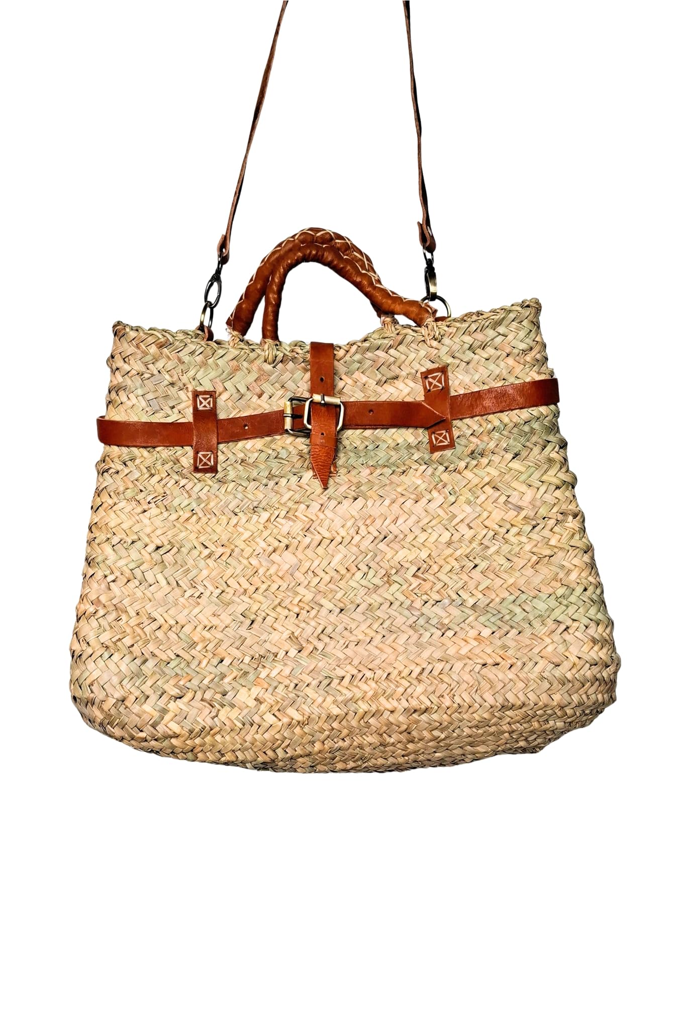 Bolso de Mimbre Mujer, Ratán, Artesanal Marroquí, Trenzado a Mano, Beige, Aprox. 40 cm x 33 cm x 17 cm, Asas de Cuero