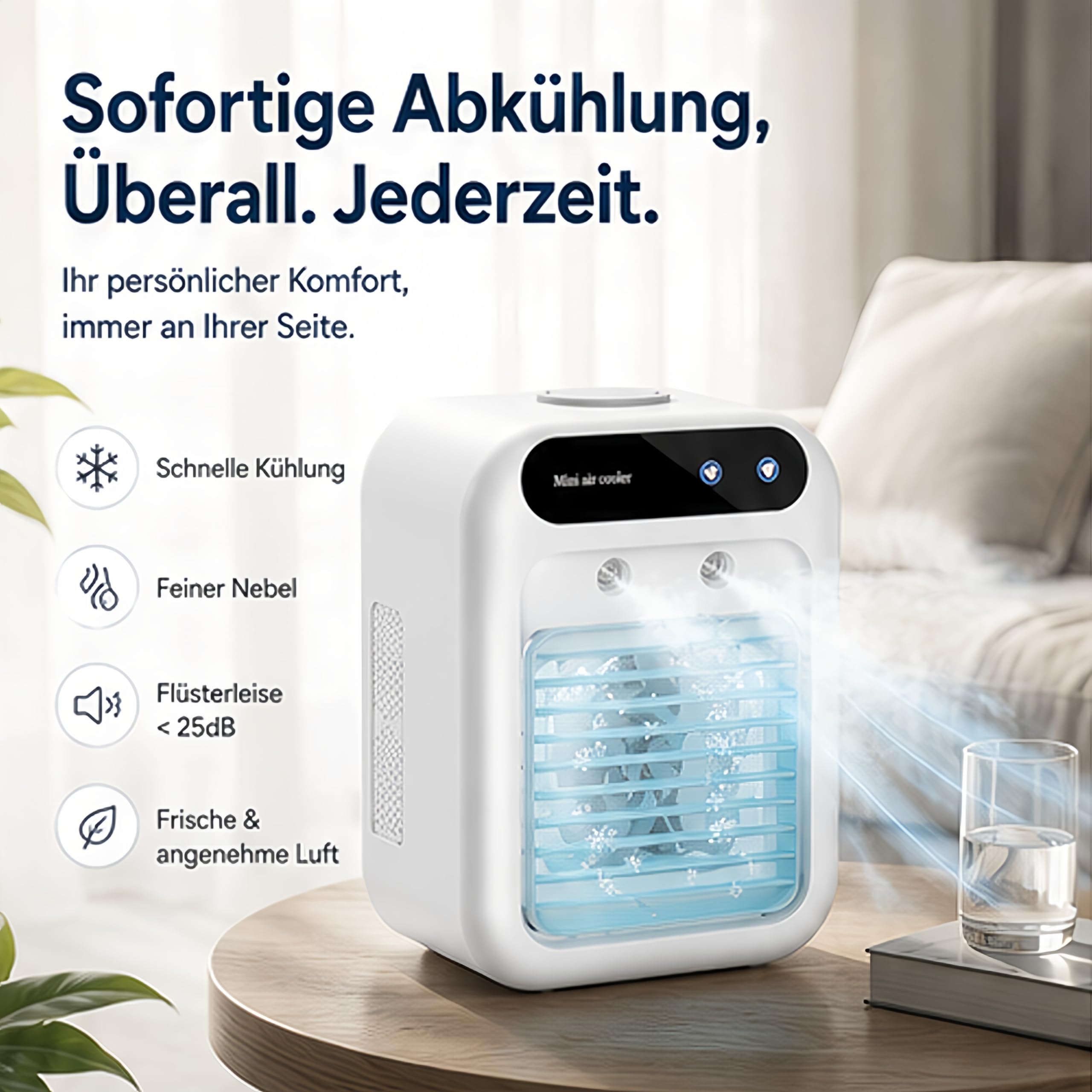 Mobile Klimaanlage、leise Tragbare Klimaanlage、500ml-Luftkühler、2 Geschwindigkeitsstufen、2 Nebelmodi、Mini klimaanlage geeignet für Schlafzimmer und Büro(Weiß)