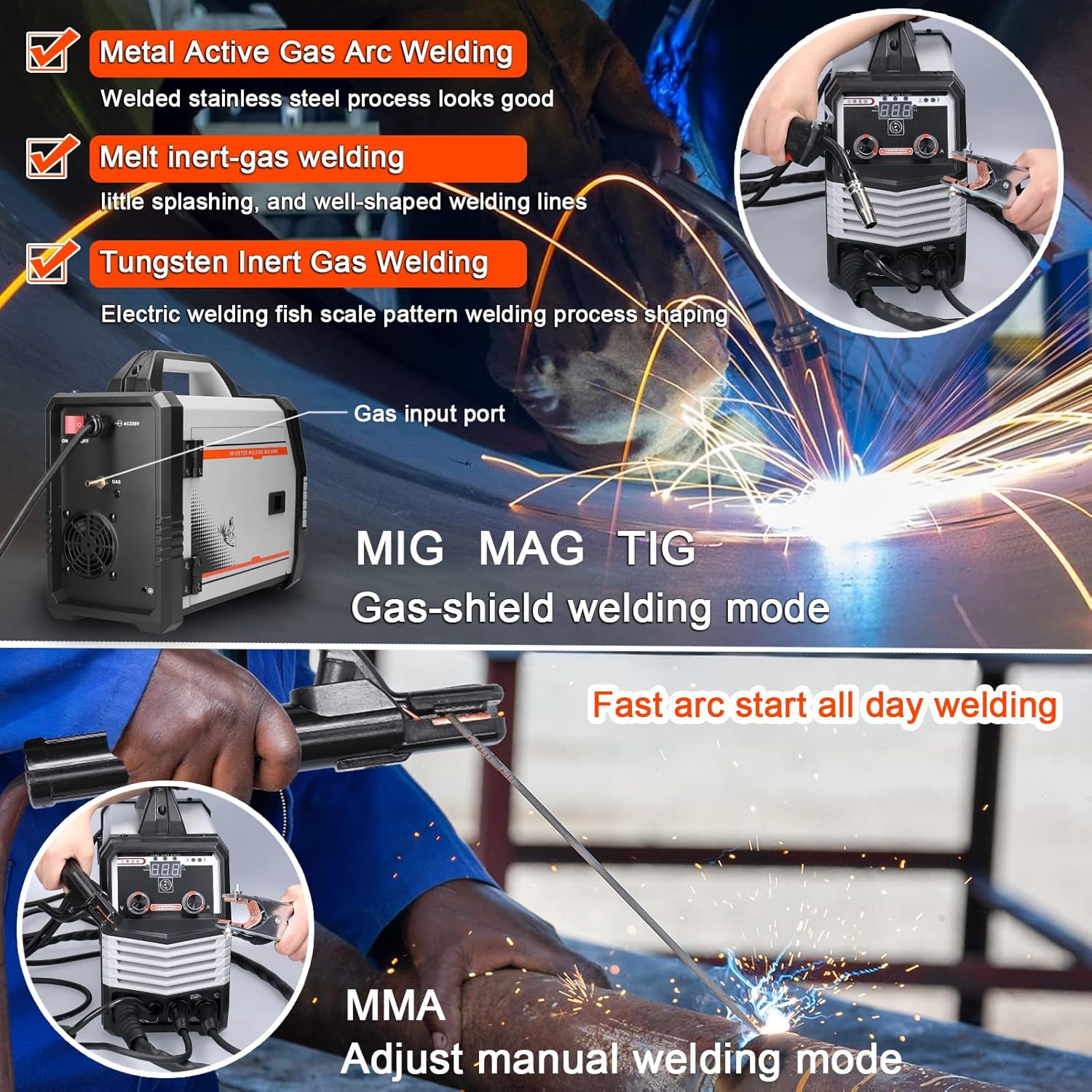 Image showing the welding machine performing MIG/MAG/TIG gas-shielded welding and MMA manual welding, highlighting fast arc start.